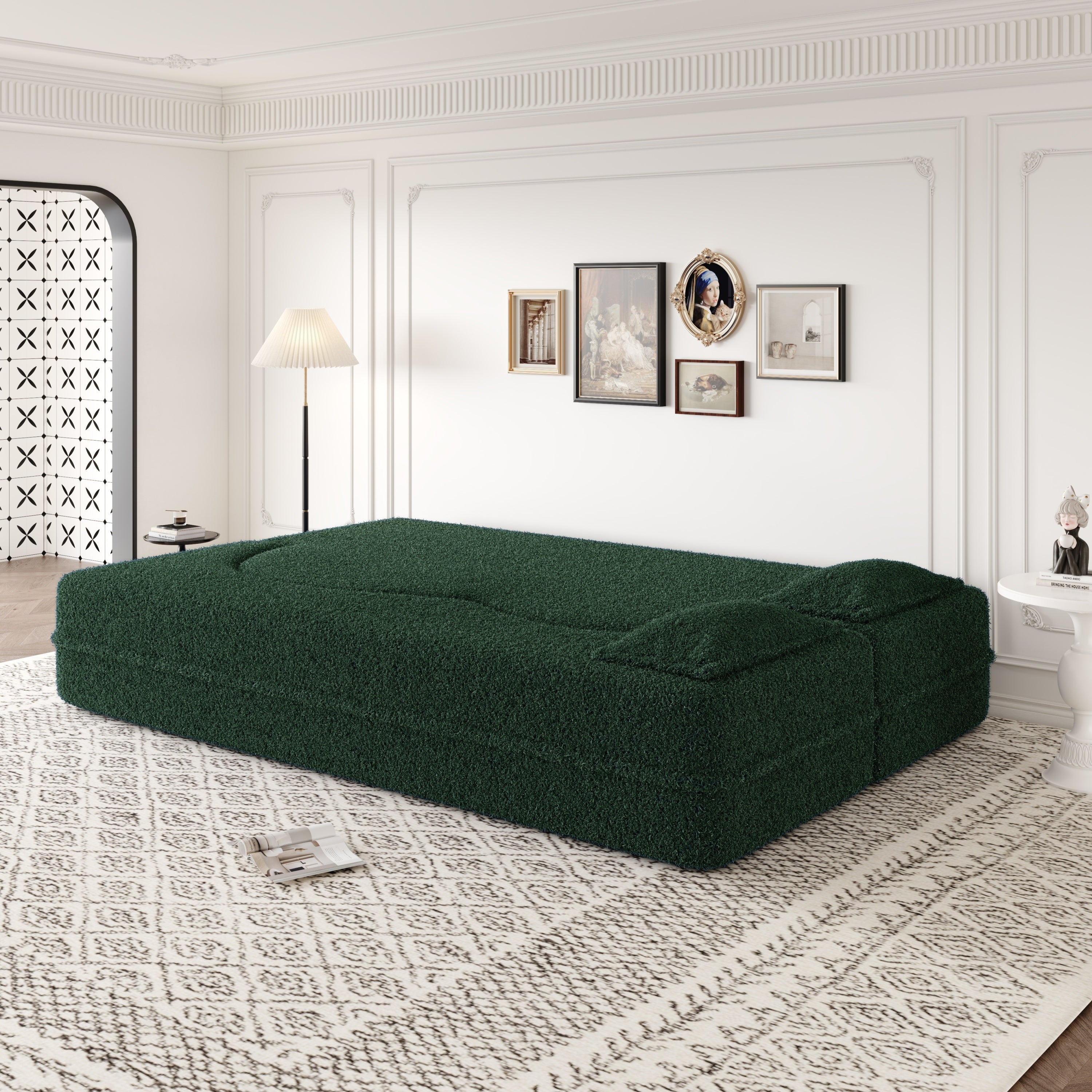 Modern Floor Sofa with 2 Pillows,Convertible Teddy Fabric Foam Filled Sleeper Sofa Bed,15 ' Full Size Folding Mattress for Living Room,Guest Bed,Playroom,no assembly required,Green