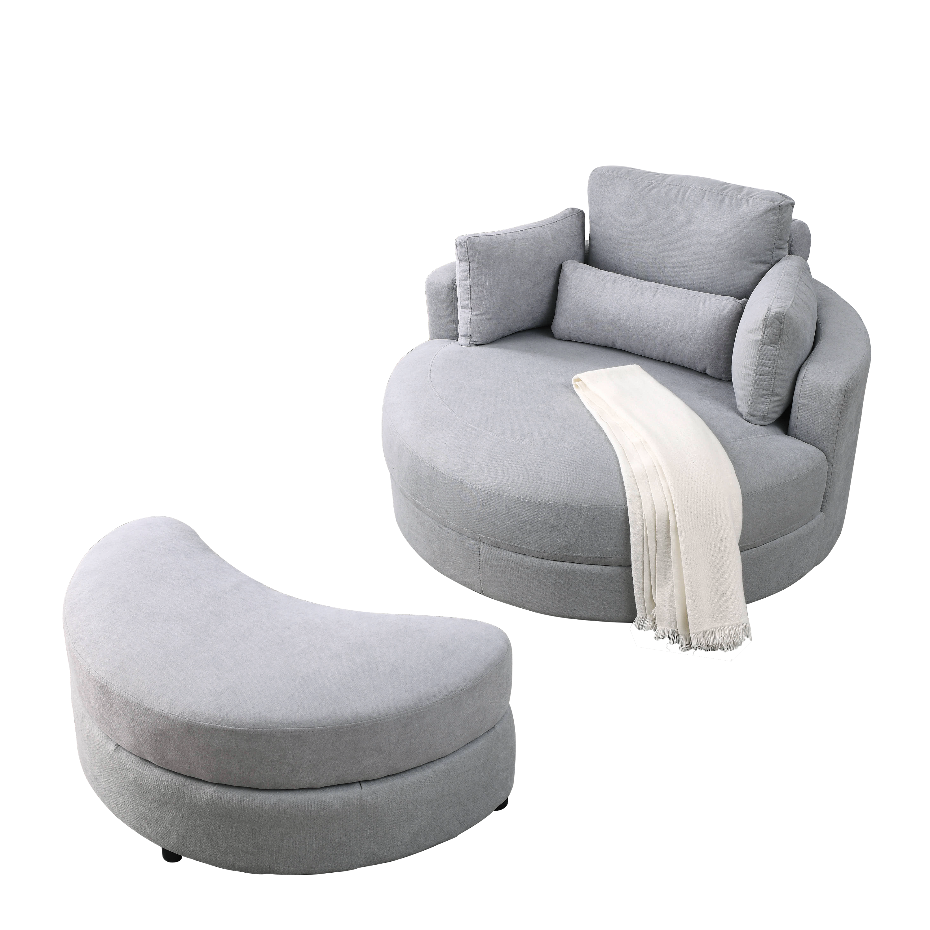 [Video] Welike Swivel Accent Barrel Modern Grey Sofa Lounge Club Big Round Chair with Storage Ottoman Linen Fabric for Living Room Hotel with Pillows