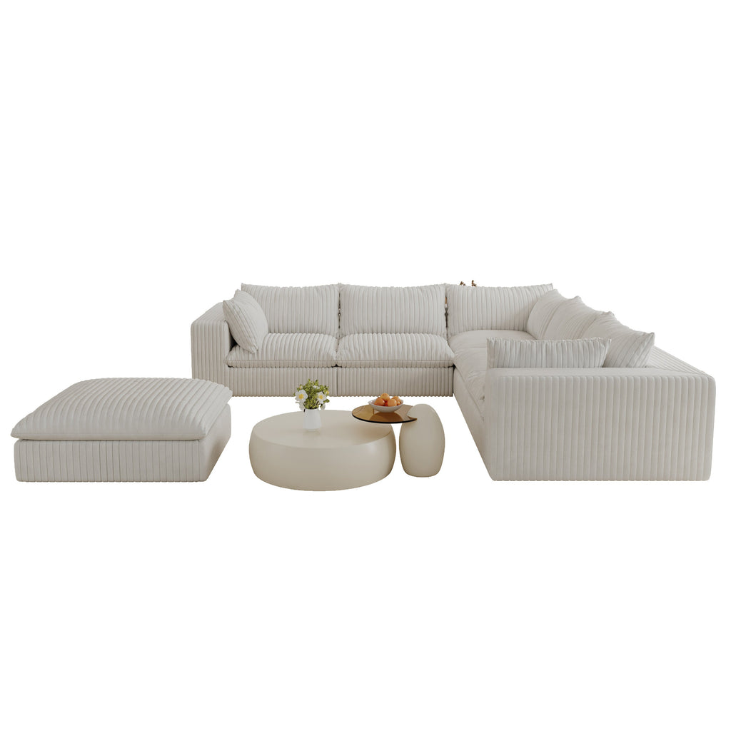 118.2' Cloud Sofa,Corduroy Fabric,Deep Seat Couches,Double-layer design,Removable Cushion,No Assembly, DIY Combination for Living room, Bedroom,Conference room ,Apartment,White
