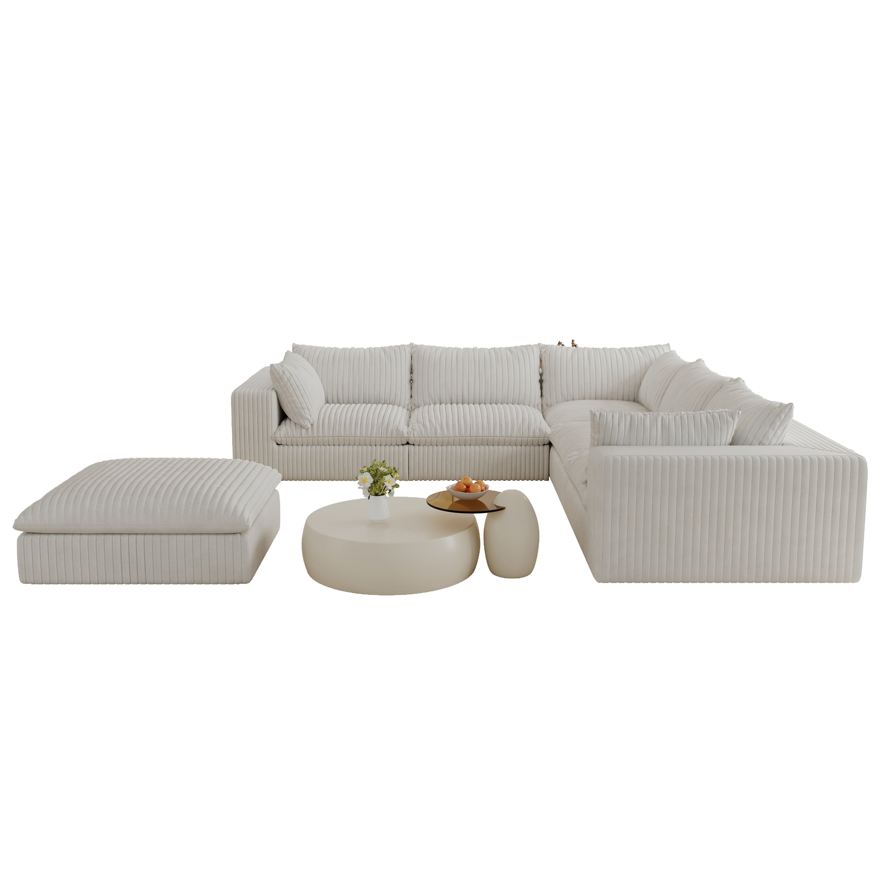 118.2' Cloud Sofa,Corduroy Fabric,Deep Seat Couches,Double-layer design,Removable Cushion,No Assembly, DIY Combination for Living room, Bedroom,Conference room ,Apartment,White