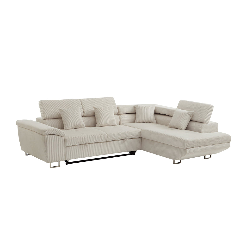 104.3'' Pull Out Sofa Bed with Storage Left Chaise Sofa Bed Corduroy Velvet Upholstery Beige