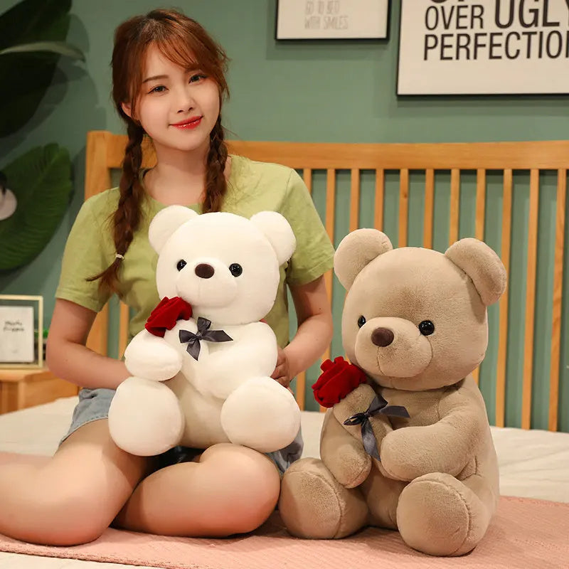 Plush Rose Teddy Bear – Soft Stuffed Animal Pillow Doll