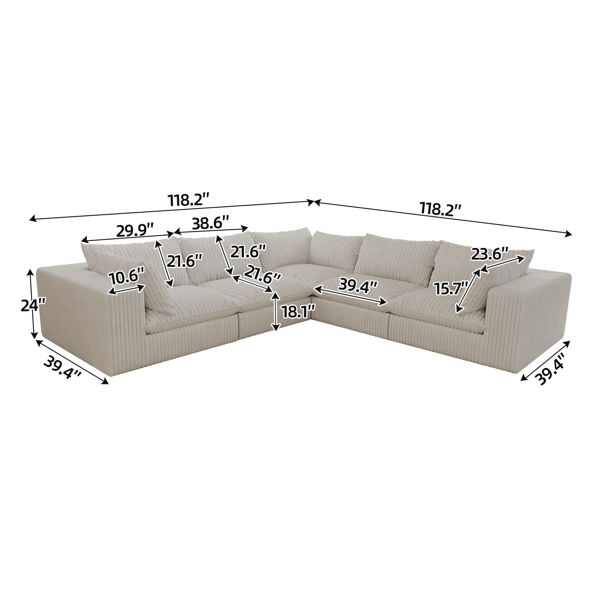 118.2' Cloud Sofa,Corduroy Fabric,Deep Seat Couches,Double-layer design,Removable Cushion,No Assembly, DIY Combination for Living room, Bedroom,Conference room ,Apartment,WHITE