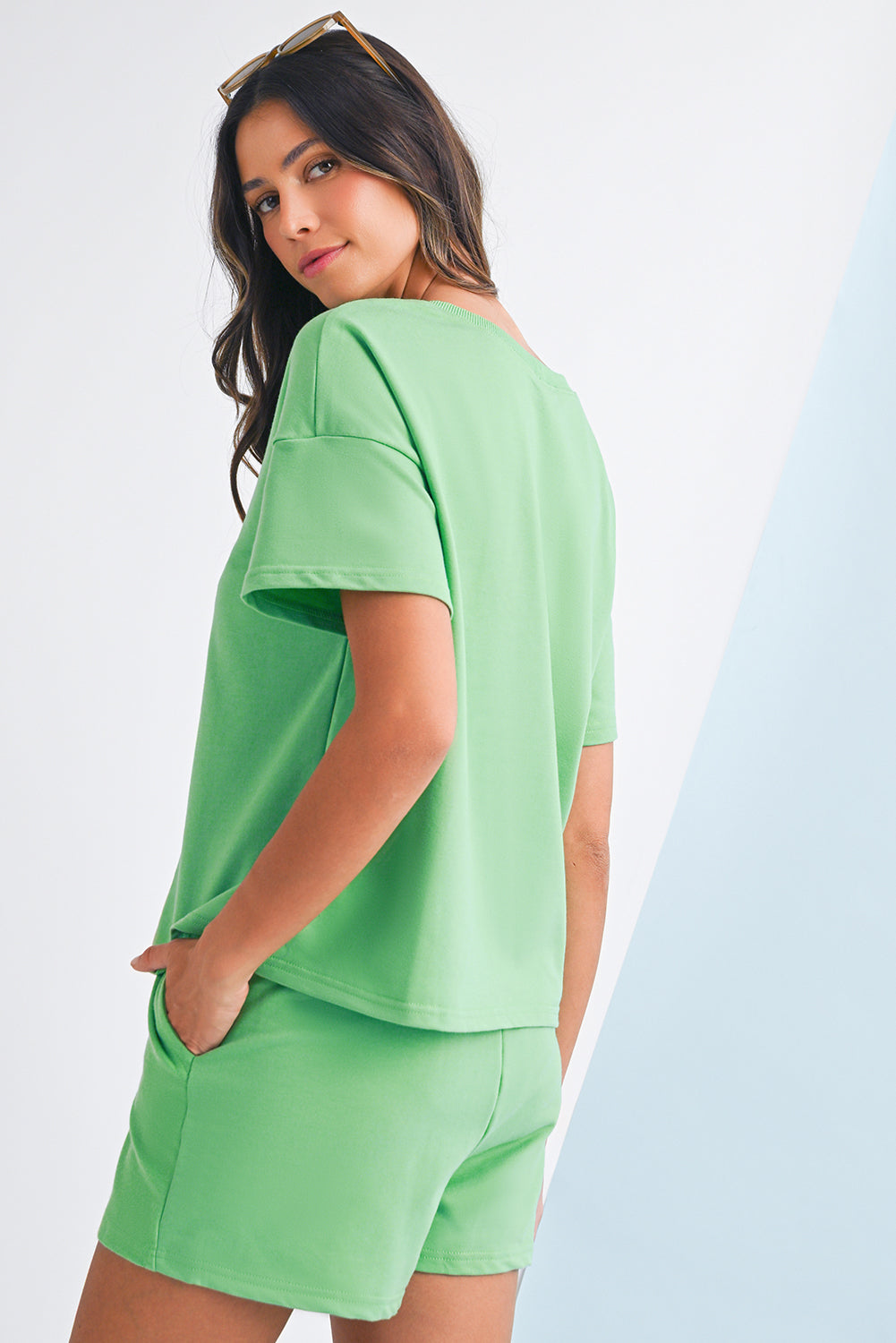 Women's V-neck Drop Shoulder Tee and Drawstring Shorts Set