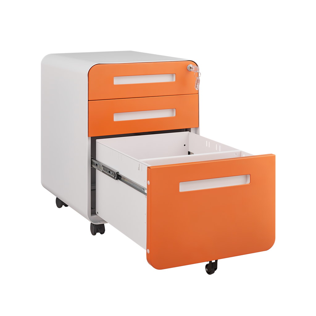 Rounded 3 drawer mobile filing cabinet, multifunctional legal/letter/A4 file storage cabinet, 5-wheel design anti tilt cold-rolled steel, with pencil storage box,