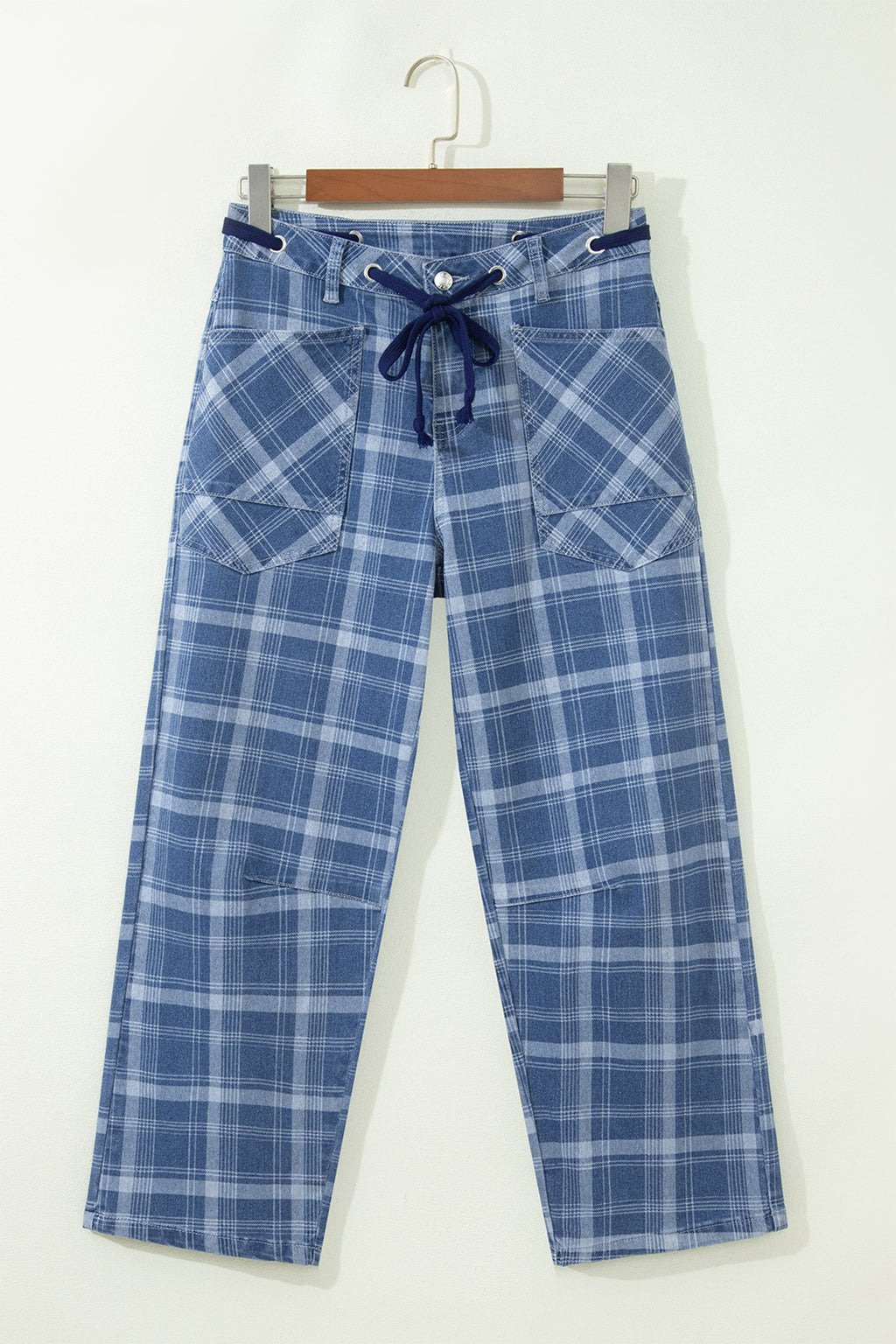 Denim Plaid Grommet Drawstring Waist Jeans