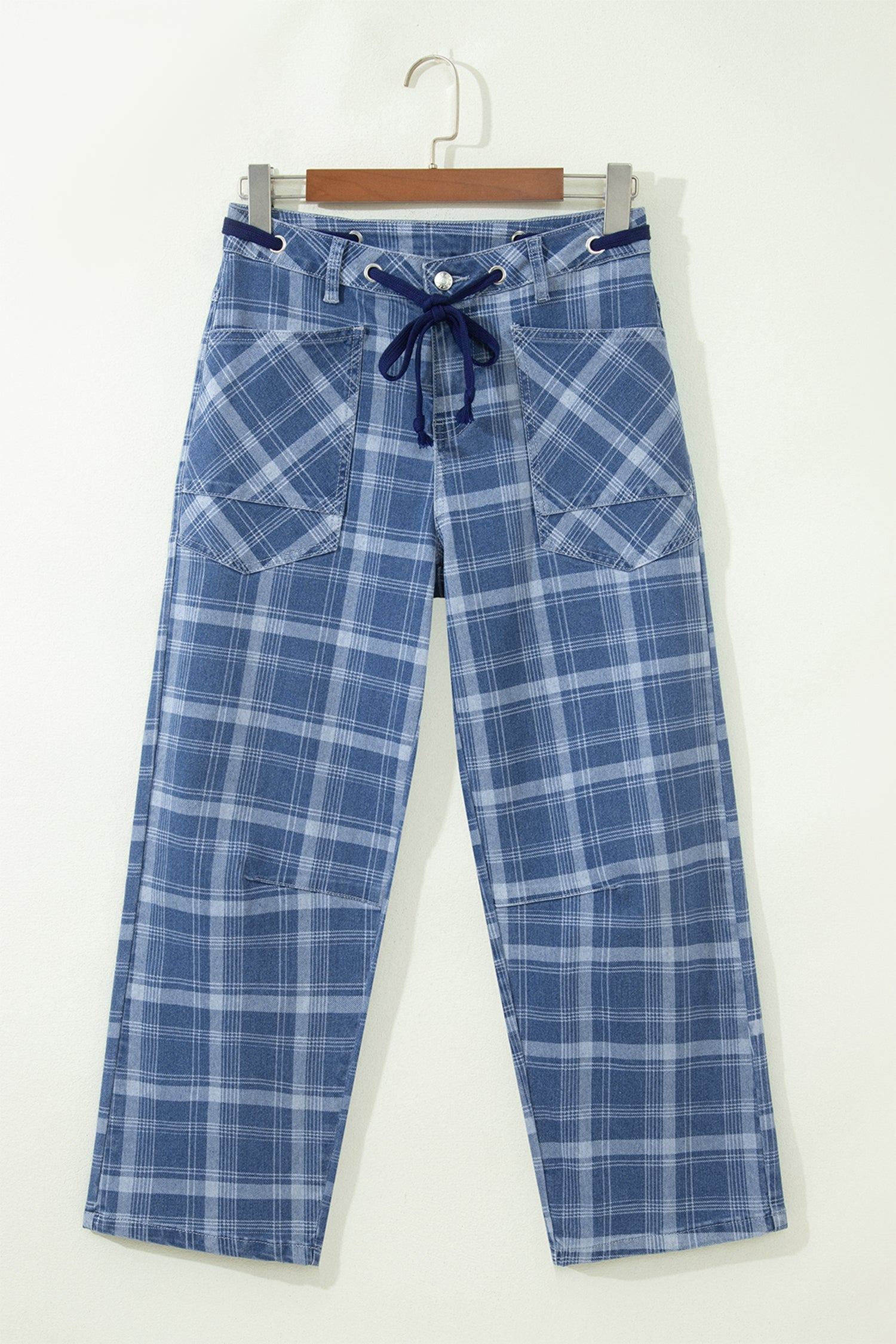 Denim Plaid Grommet Drawstring Waist Jeans