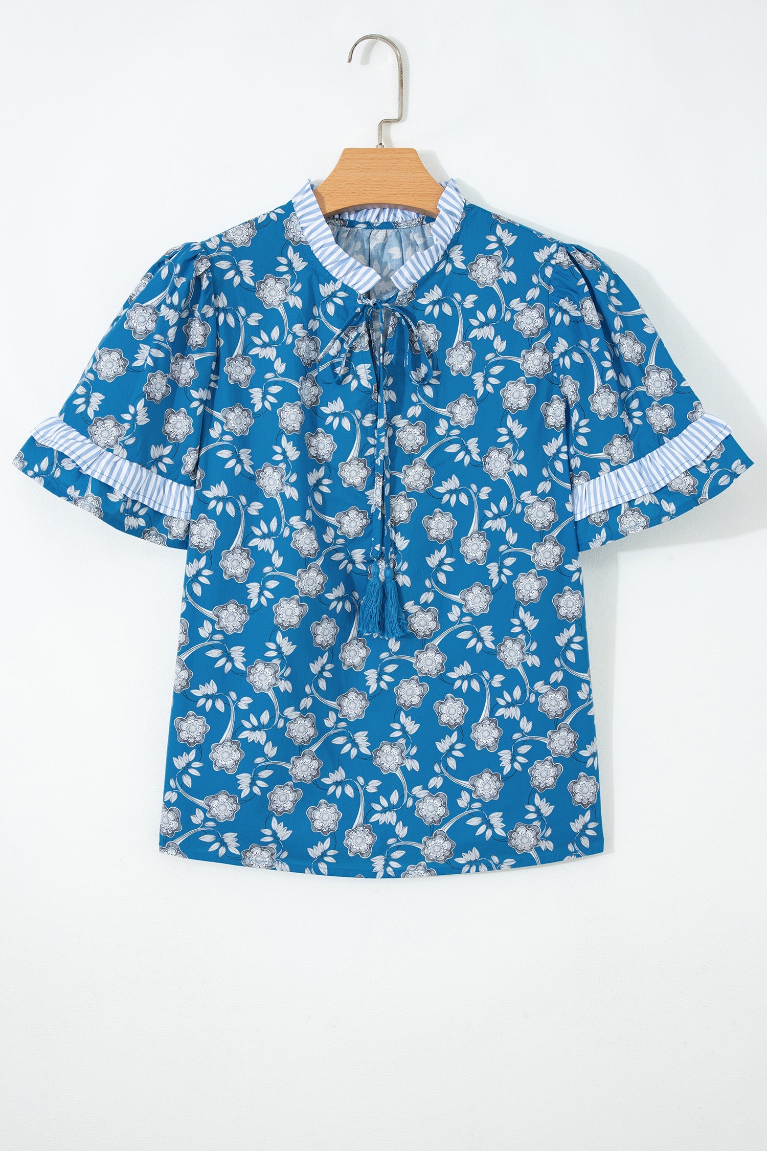 Floral Stripe Trim Tie-Neck Short Sleeve Blouse