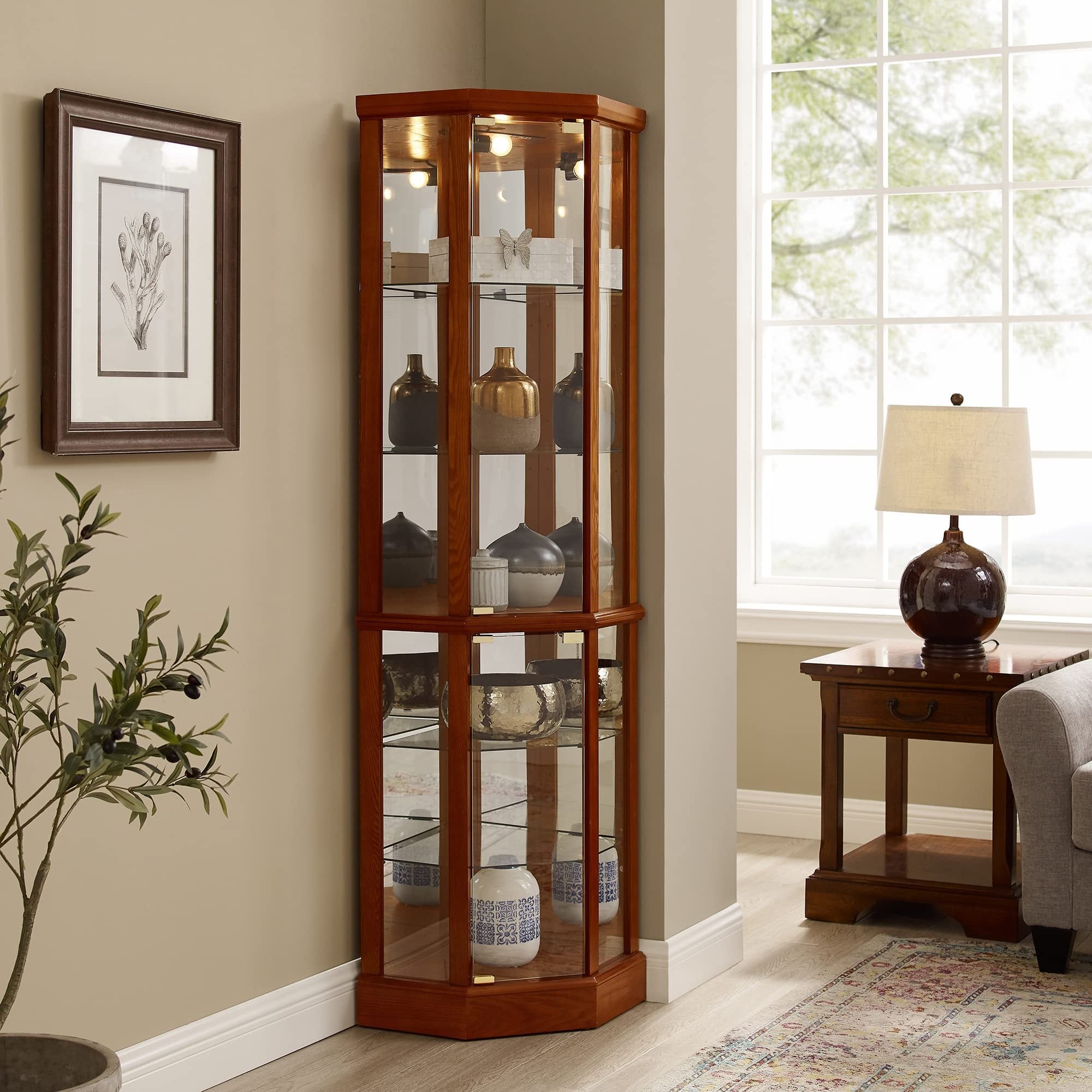 6 Shelf Lighted Corner Curio Cabinet with Adjustable Tempered Glass Shelves and Mirror Back, Oak