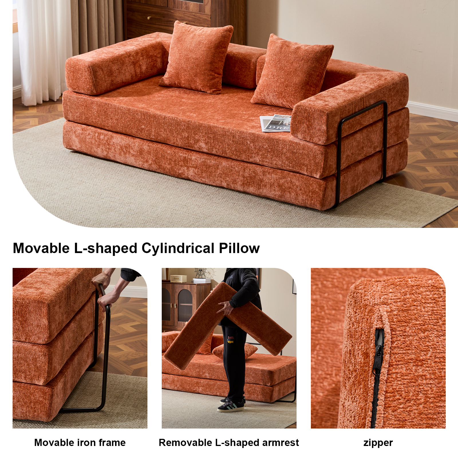 Floor Couch,Compression Sofa,Convertible Floor Sofa Bed-with Pillow Back Support Armrest,Comfy Futon Couch Lounge Sleeper Bed,chenille fabric,for Living Room Bedroom (orange)