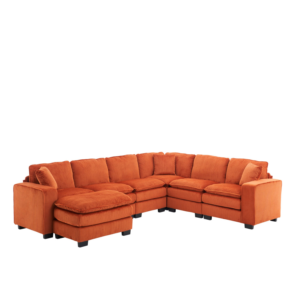 Modern U Shaped 6-seat Sectional Sofa Couch with one Ottoman and three toss pillows ,Modular Sofa for Living Room,Corduroy sofa
