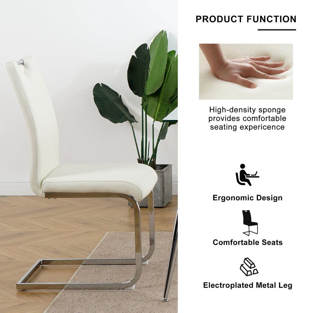 Modern style glass dining table, elegant transparent design, sturdy stainless steel base, white dining chairs set, electroplated chair legs, suitable for dining room and kitchen (set of 7)