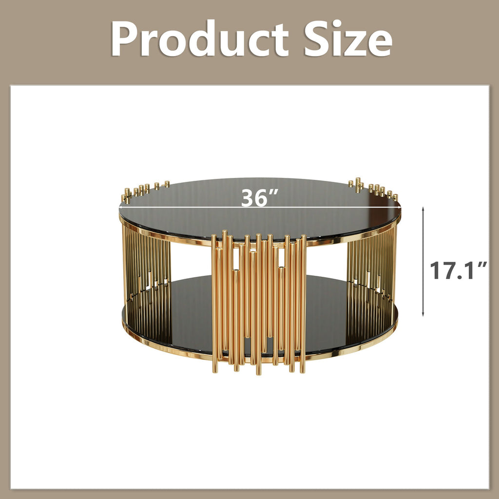 Modern minimalist light luxury style stainless steel circular coffee table, black tempered glass countertop, living room coffee table