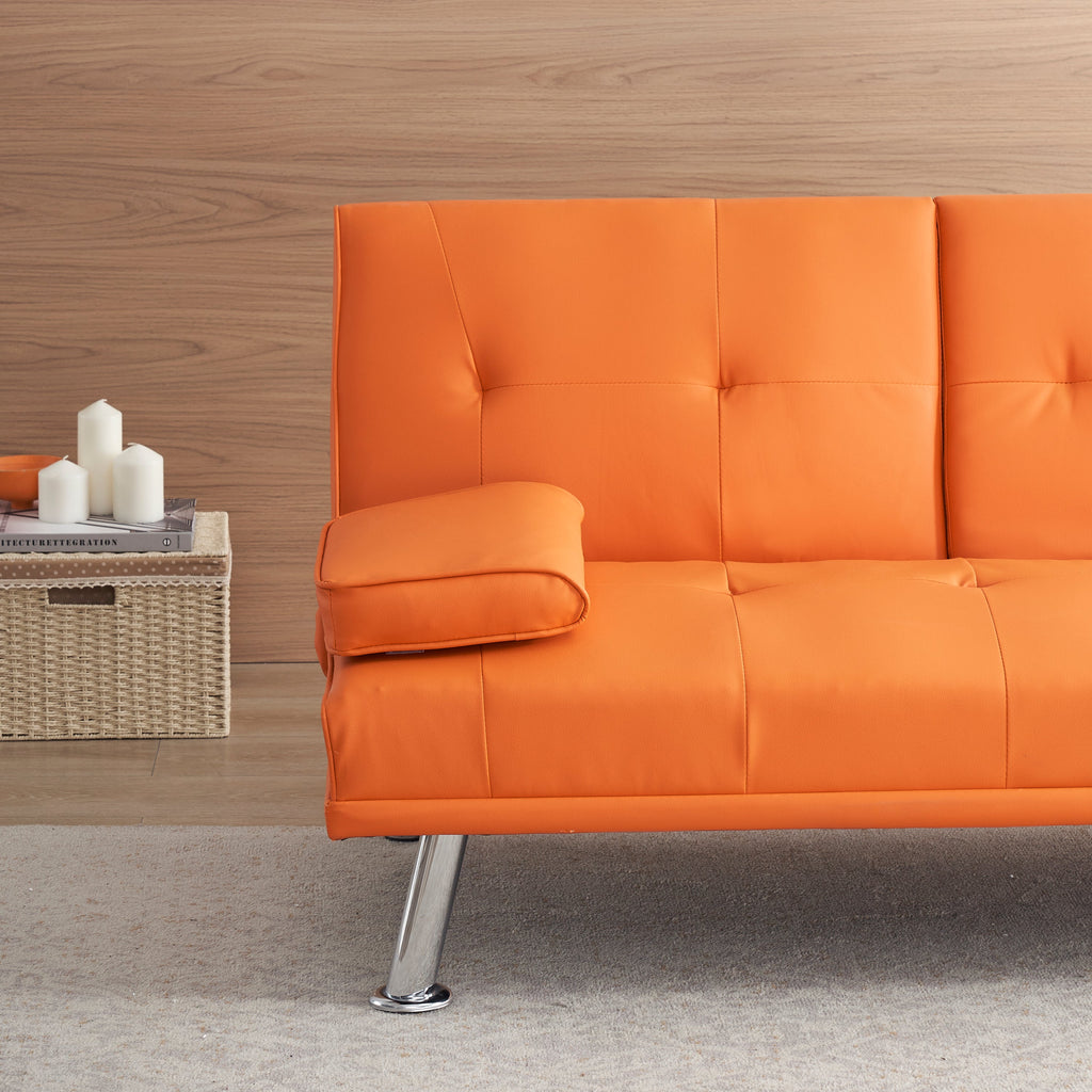 67' Orange Leather Office Sofa Bed, Double Fold, with Coffee Table, Multifunctional