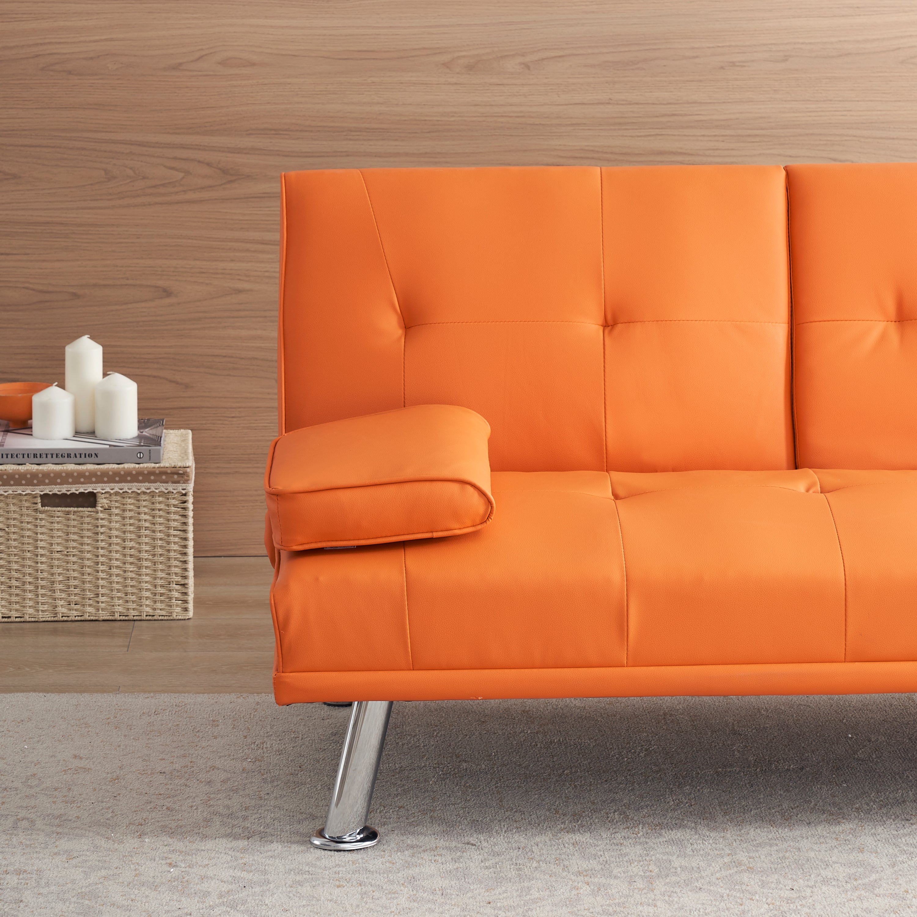 67' Orange Leather Office Sofa Bed, Double Fold, with Coffee Table, Multifunctional