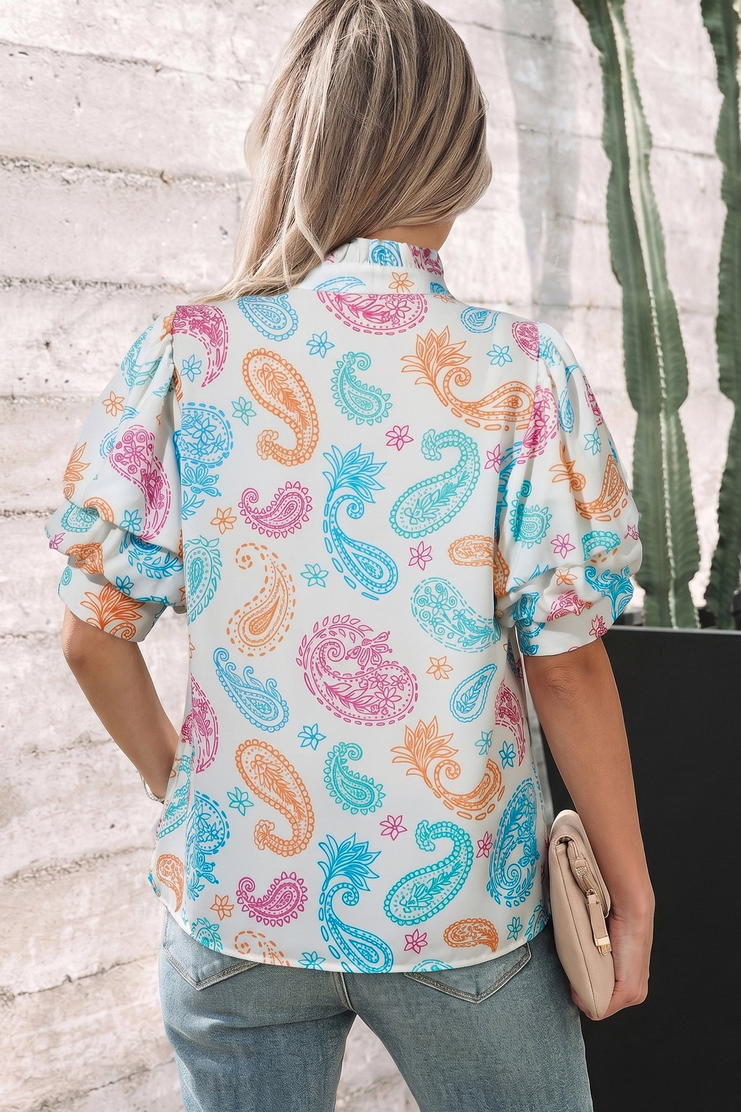 Paisley Button Keyhole Puff Sleeve Blouse