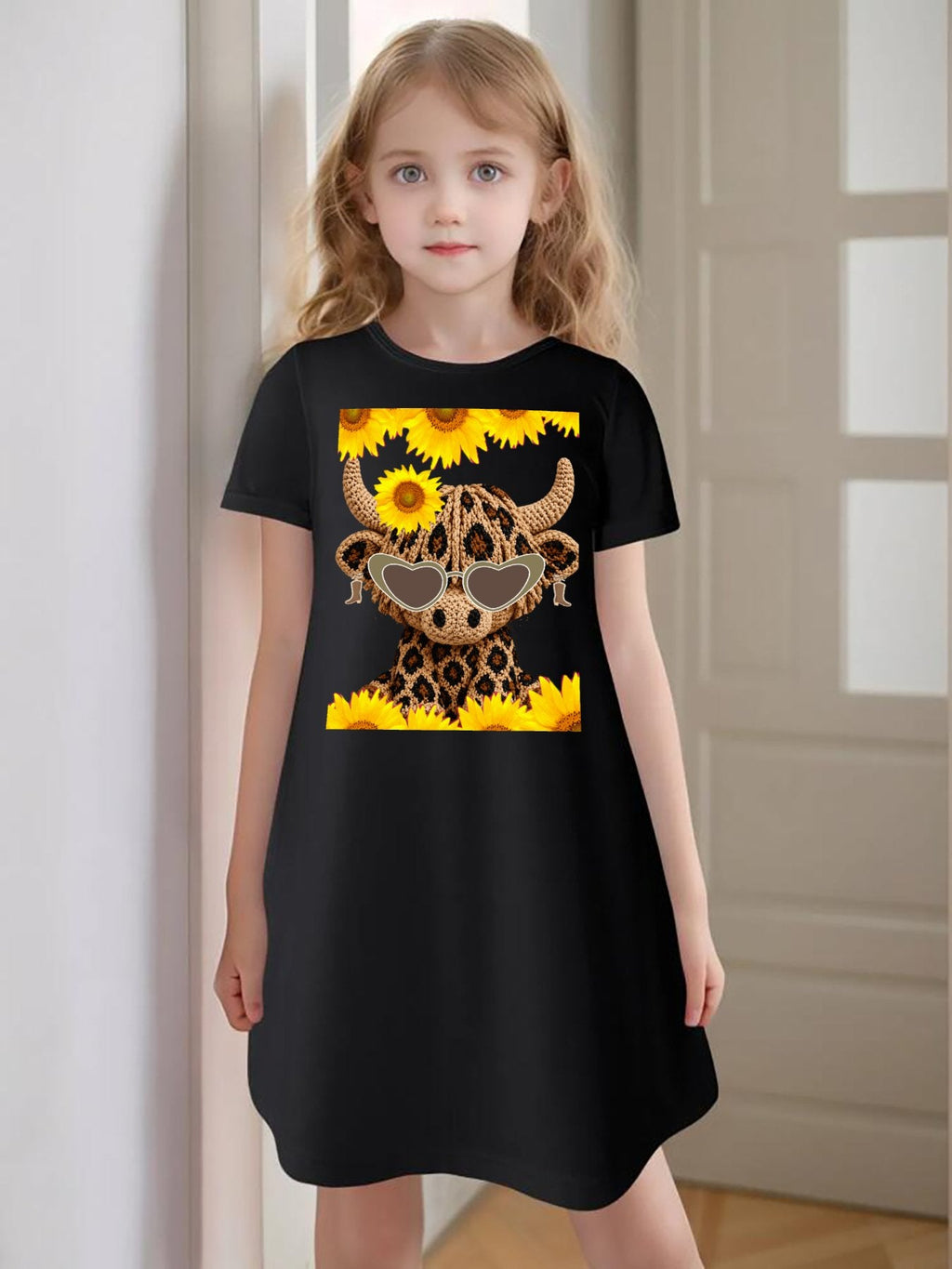 Yarn Highland Cow with Sunflowers Summer Short Dress for Girls