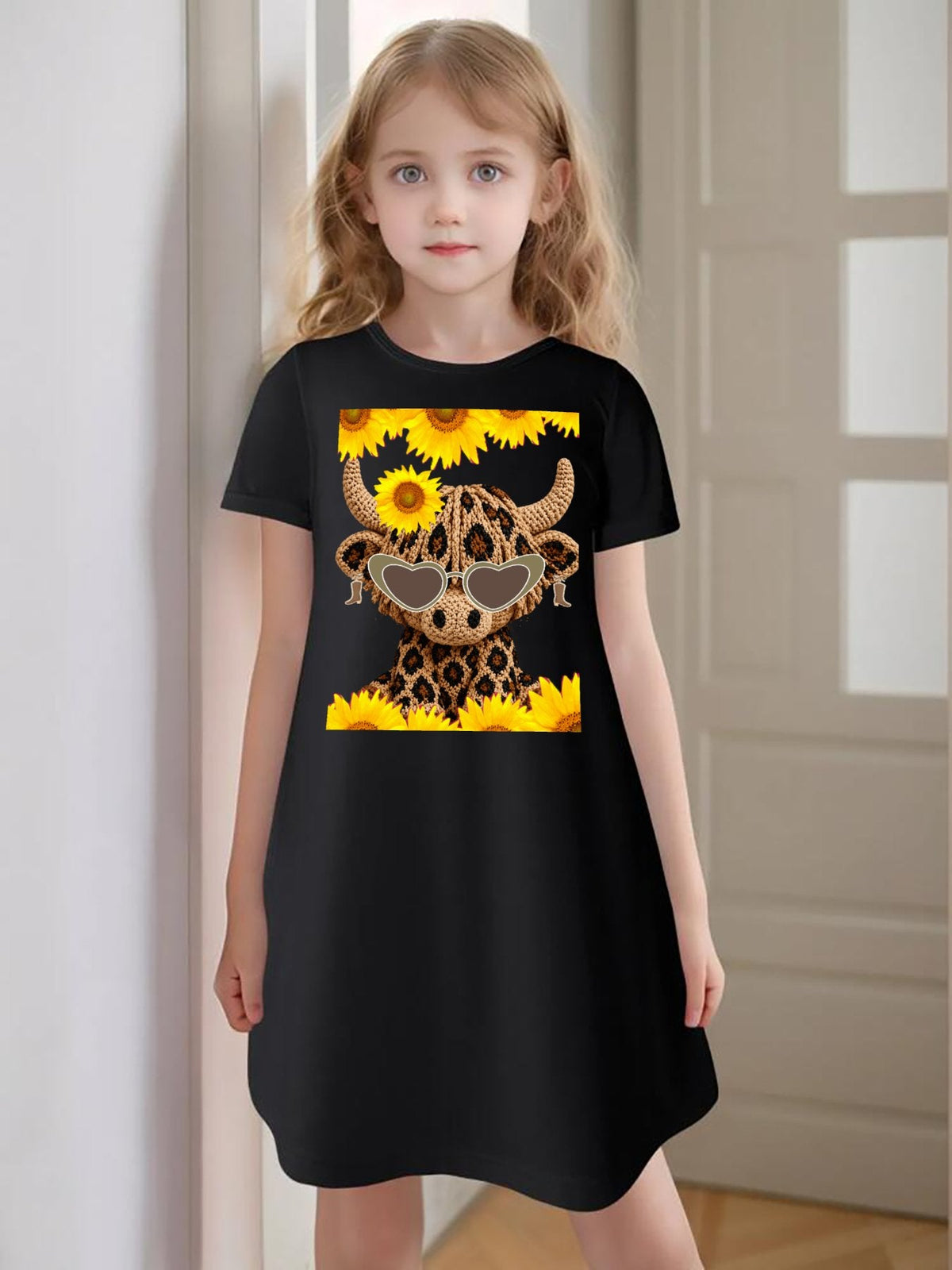 Yarn Highland Cow with Sunflowers Summer Short Dress for Girls
