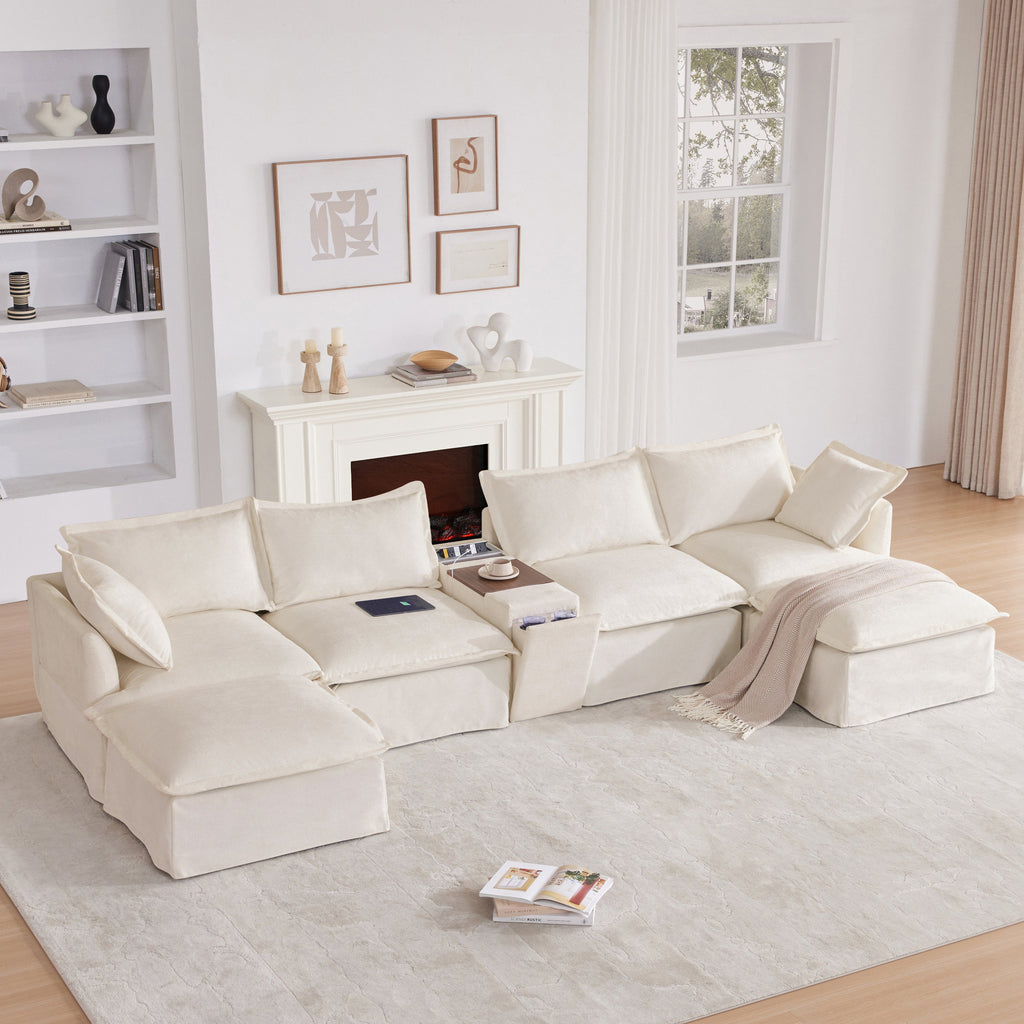 [VIDEO+NEW]131'' Modular Sectional Sofa with Movable Ottoman and Console,Cup Holder,Wide Seat,6 Seat U Shaped Couch,Oversized Chenille Sofa with USB Charger for Living Room,Apartment,2 Colors