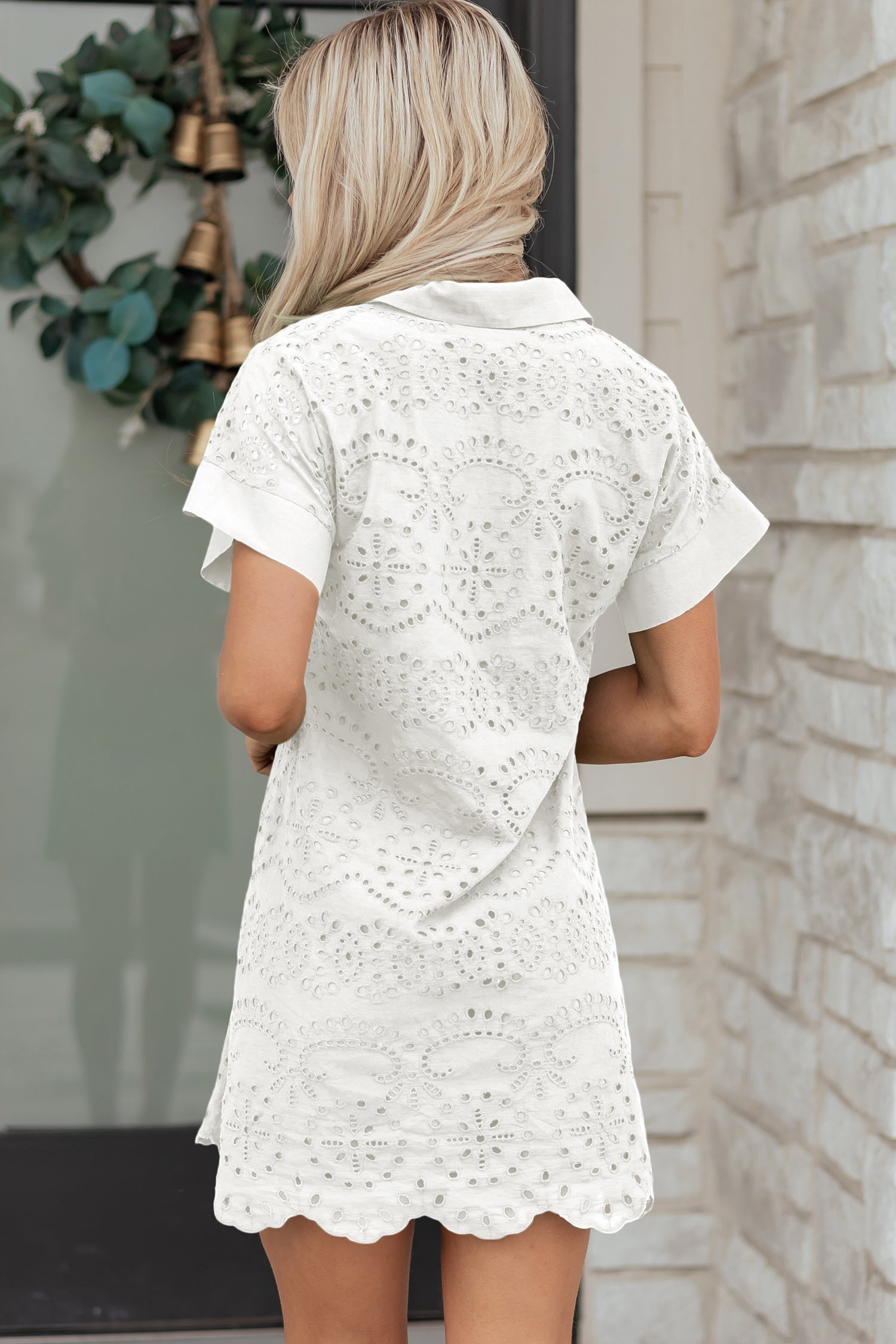 Solid Embroidered Eyelet Collared V-Neck Mini Dress