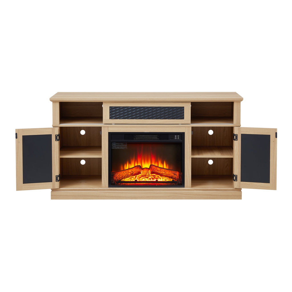 Embossed Pattern TV Stand with 23' fireplace insert,, TV and Media Console with Open and Closed Storage Space and sliding door for Living Room & Bedroom,LIGHT OAK, 58.27'W*15.35'W*31.7H