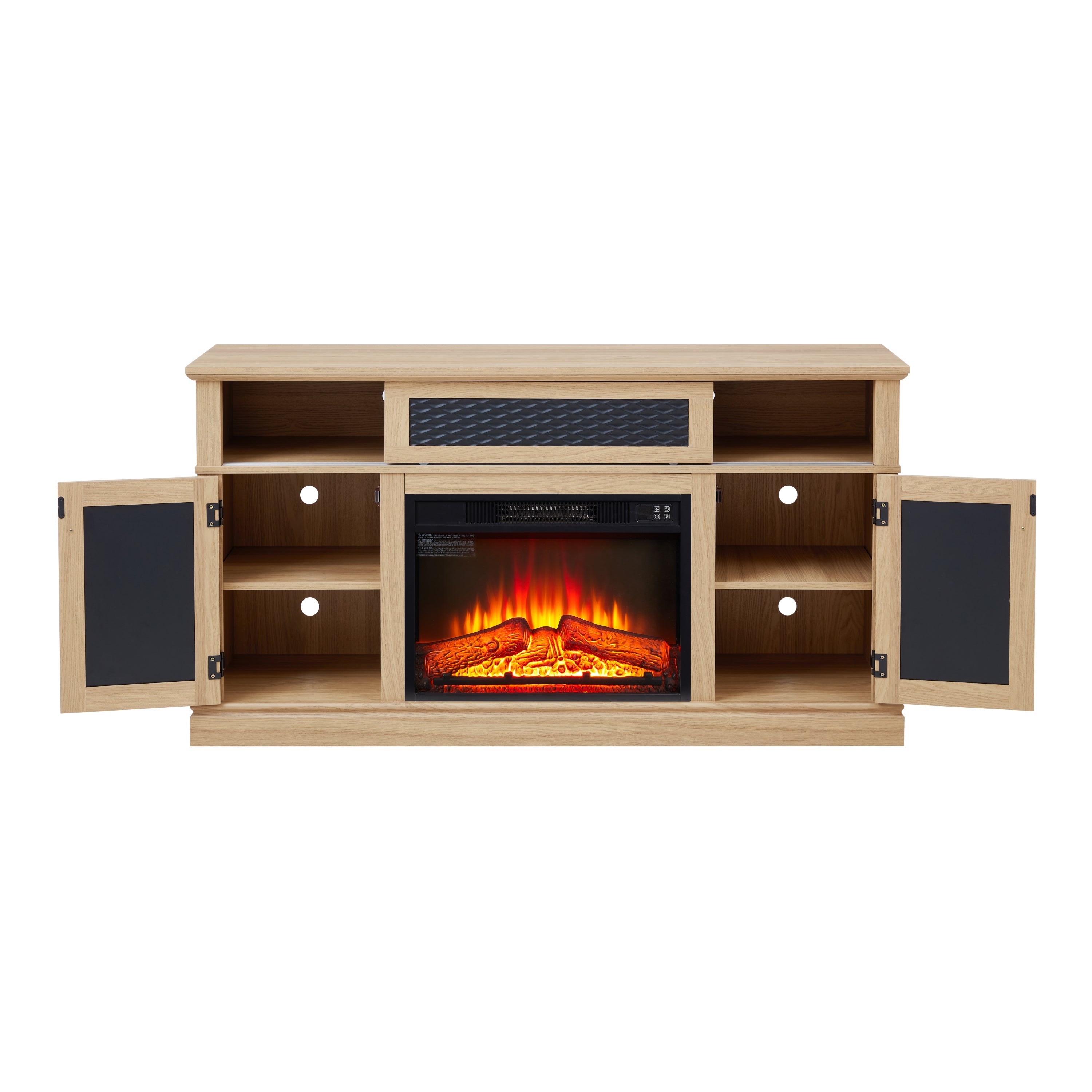 Embossed Pattern TV Stand with 23' fireplace insert,, TV and Media Console with Open and Closed Storage Space and sliding door for Living Room & Bedroom,LIGHT OAK, 58.27'W*15.35'W*31.7H