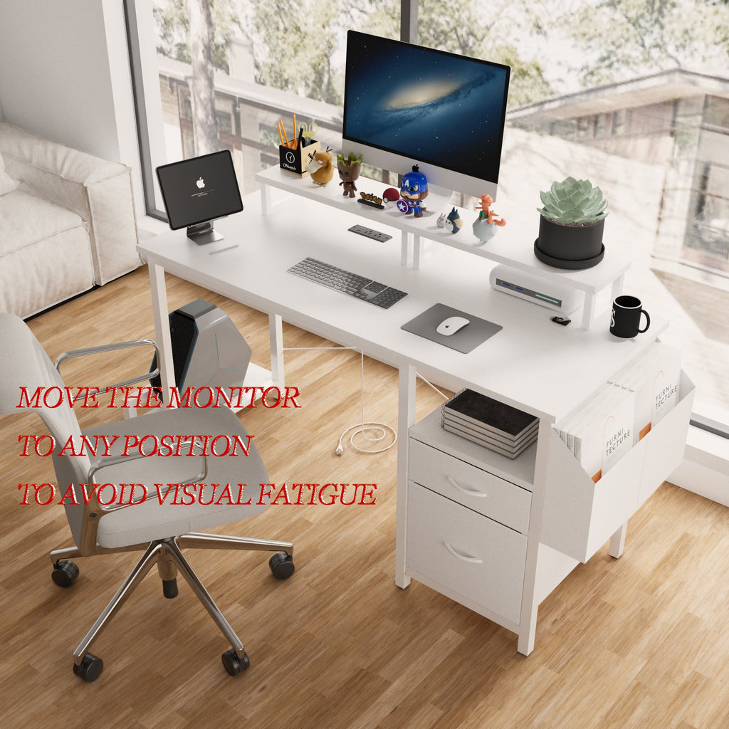 47.3'office desk with power outlet,2 Monitor Stands,2 drawers,Side Pocket,Easy to Assemble,Frame stability Reversible,use for home desk, computer desk, game table,White