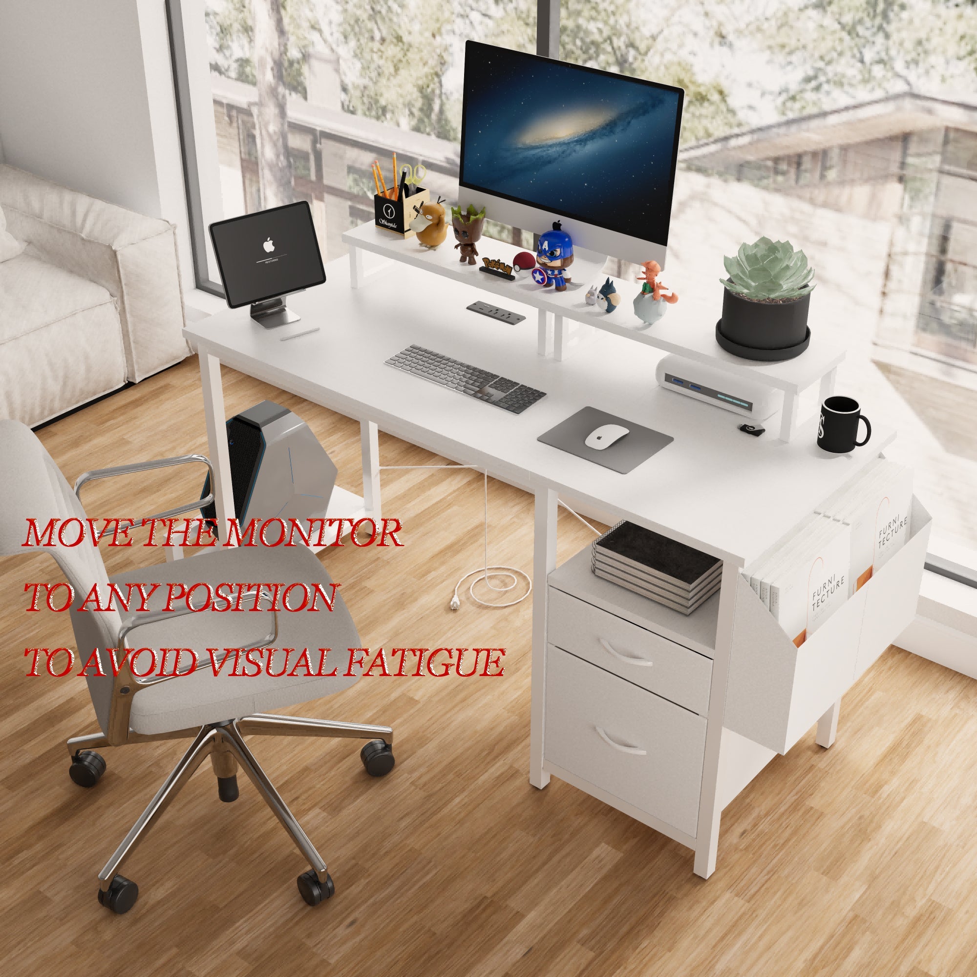 47.3'office desk with power outlet,2 Monitor Stands,2 drawers,Side Pocket,Easy to Assemble,Frame stability Reversible,use for home desk, computer desk, game table,White