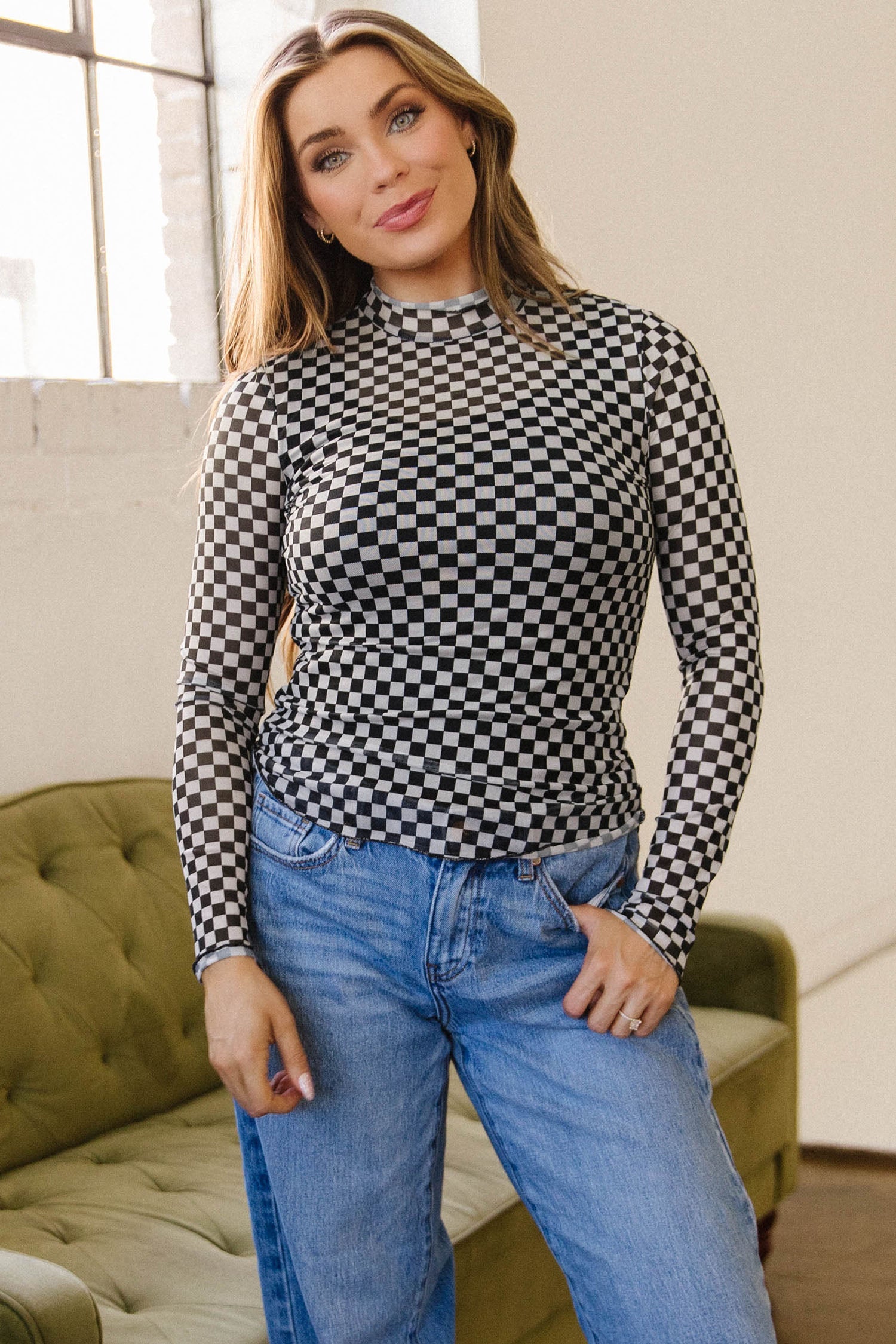 Checker Stand Neck Long Sleeve Mesh Top