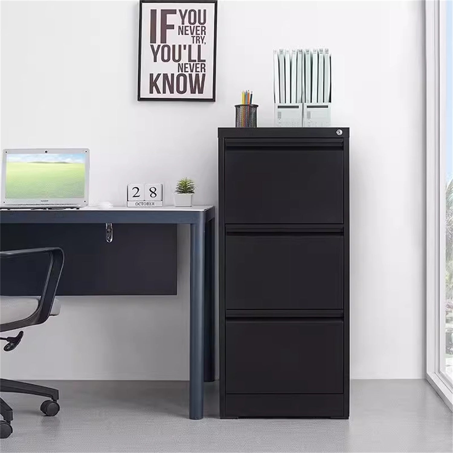 4 Drawer Vertical File Cabinet with Lock for Home Office Organizer, Black Metal Filing Cabinet, Letter/A4/Legal Size