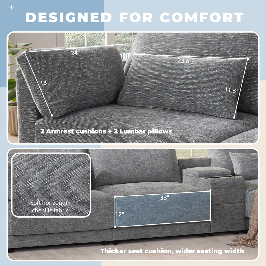 [VIDEO+NEW]124'' Modular Sectional Sofa with Storage Console and Movable Ottoman,33'' Wide Seat,4 Seat L Shaped Chenille Couch,Reversible Comfy Sofa with USB Charger for Living Room,Apartment,2 Colors