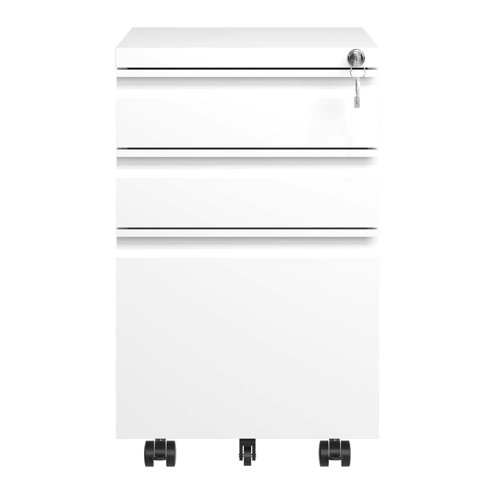 White Mobile 3-Drawer File Cabinet with Lock, Metal Organizer for Home Office, Fully Assembled