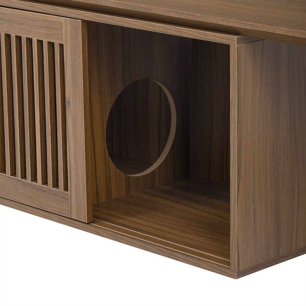 Mid-Century Modern 2 in 1 Cat Furniture Walnut TV Stand With Extendable table,  Litter Box Enclosure with Cat Scratcher