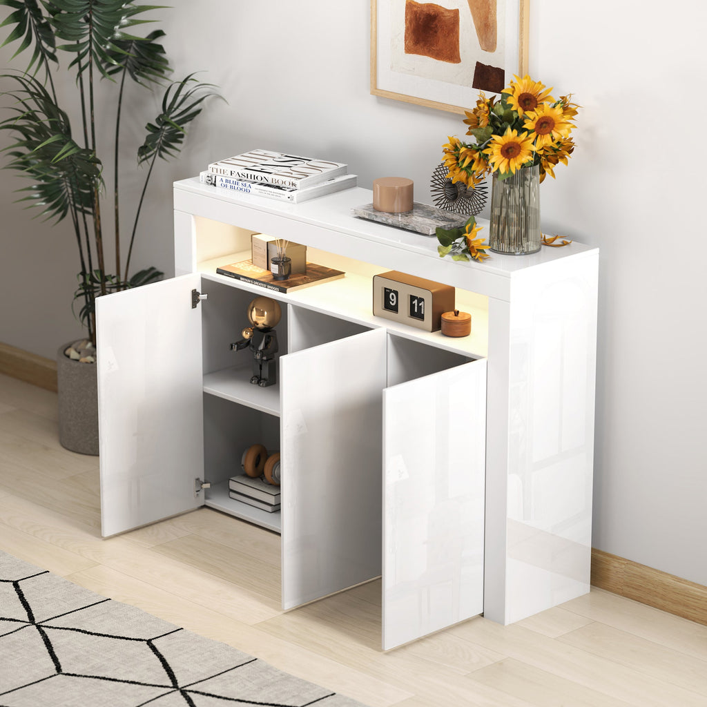 Living Room Sideboard Storage Cabinet Black High Gloss with LED Light, Modern Kitchen Unit Cupboard Buffet Wooden Storage Display Cabinet TV Stand with 3 Doors for Hallway Dining Room