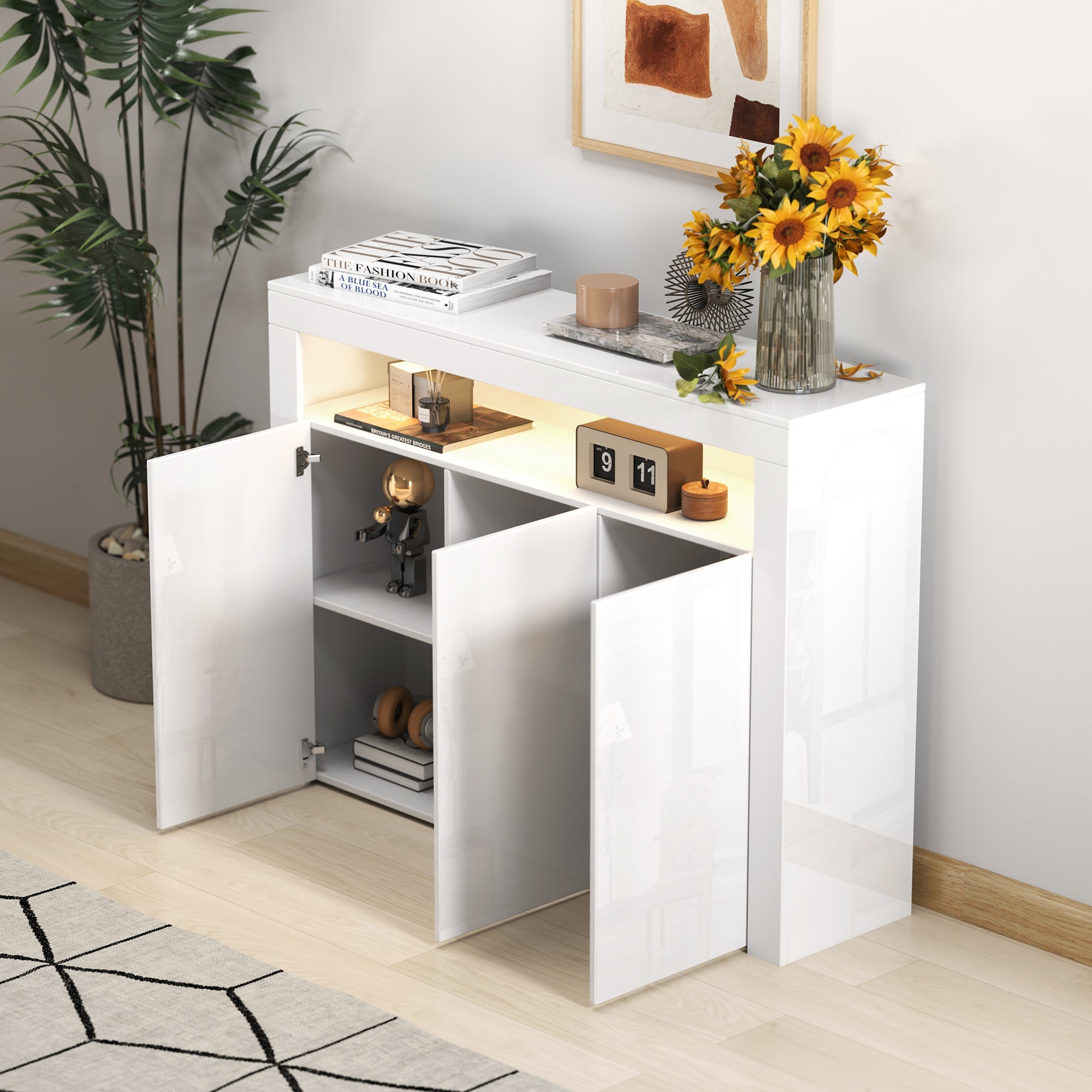 Living Room Sideboard Storage Cabinet Black High Gloss with LED Light, Modern Kitchen Unit Cupboard Buffet Wooden Storage Display Cabinet TV Stand with 3 Doors for Hallway Dining Room