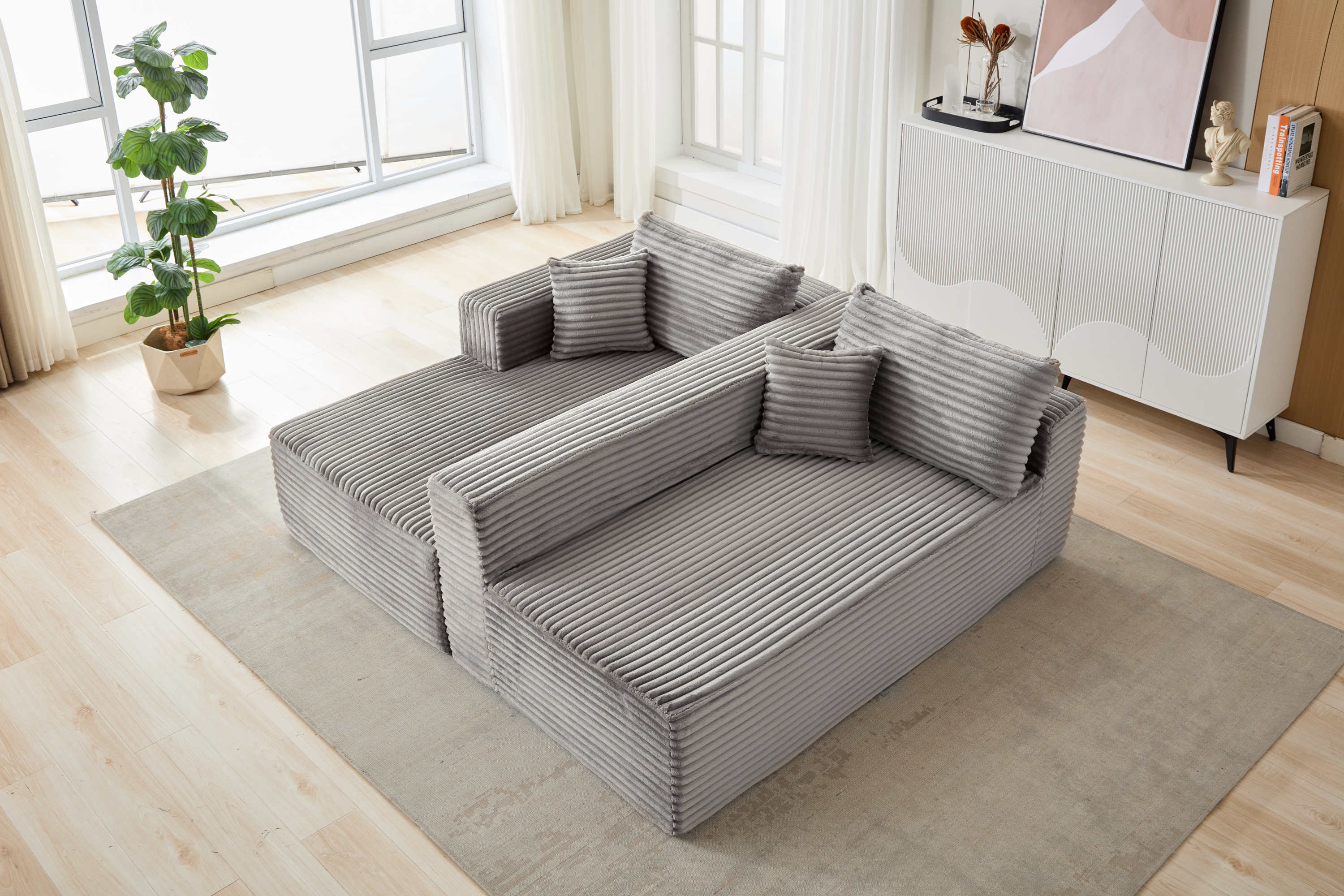 Compression Sectional Couch with Comfy Chaise, Boneless L Shape Sofa with Deep Seat, Minimalist Modular Couches Sleeper for Living Room Bedroom Apartment Lounge,corduroy,Grey