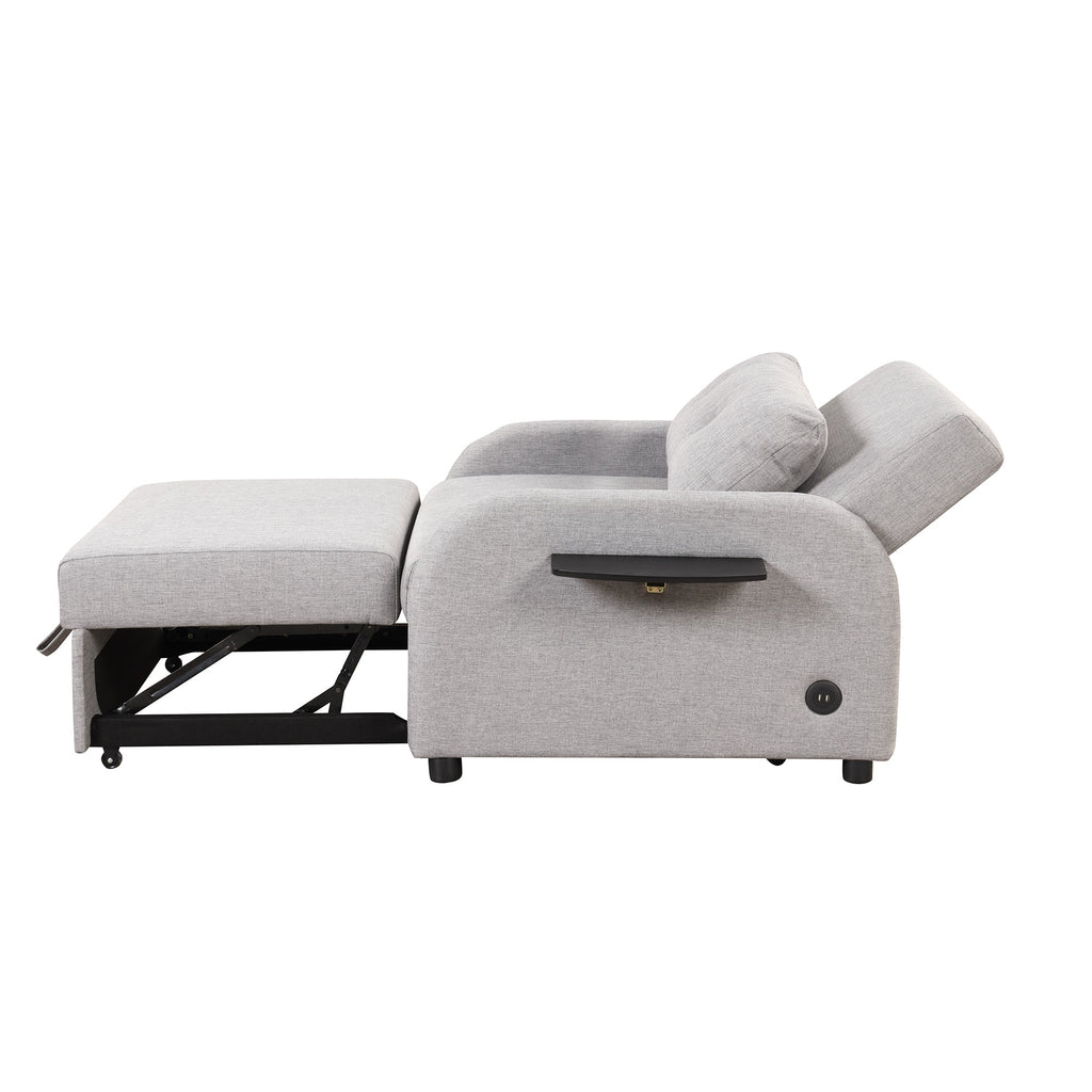 3-in-1 Pull Out Sofa Sleeper with Wing Table and USB Charge, Gray Linen, Iron Frame, 36.2-71.7'D x 42.9'W x 35.8'H
