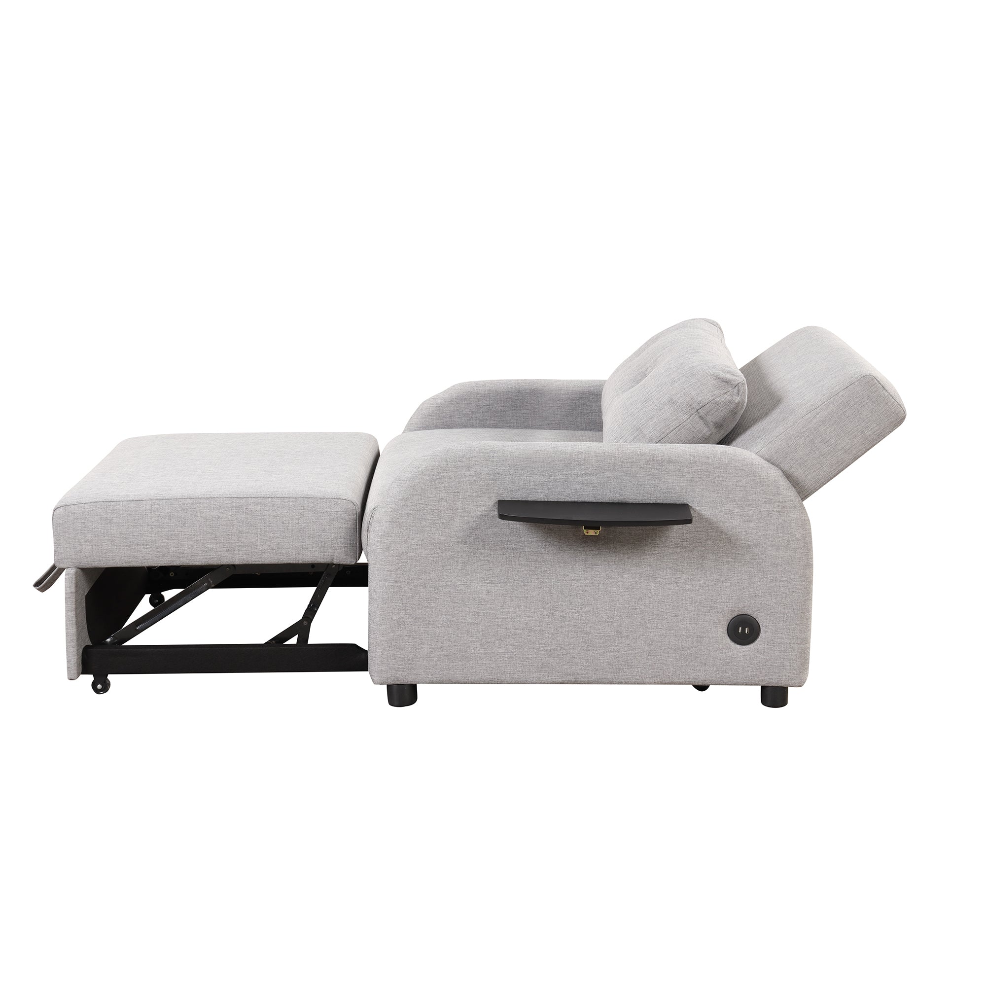 3-in-1 Pull Out Sofa Sleeper with Wing Table and USB Charge, Gray Linen, Iron Frame, 36.2-71.7'D x 42.9'W x 35.8'H