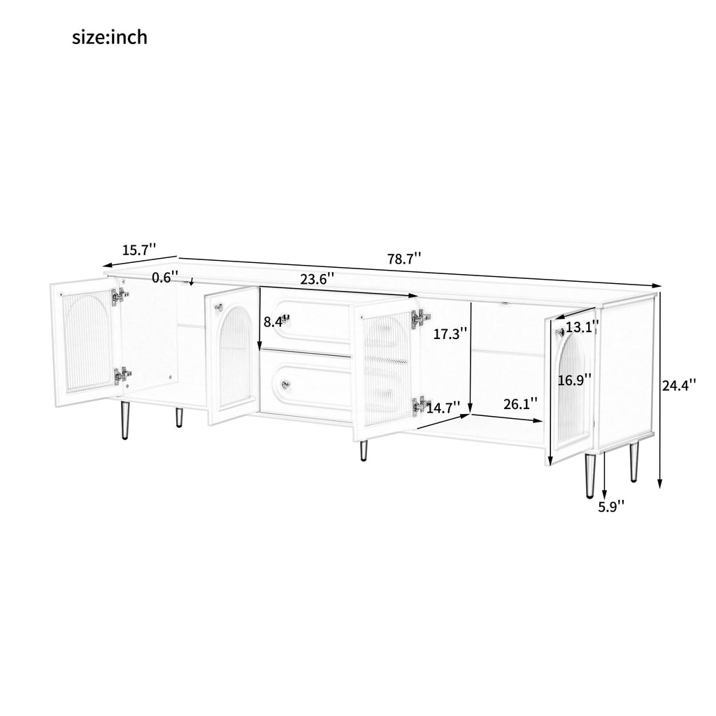 U-Can 78.7'' Modern TV Stand, TV Cabinet with Five Metal Legs and Metal Handles, 2 Drawers and 2 Cabinets with Fluted Glass Doors For Living room, Up to 80'' (Old SKU: SJ000122AAB)