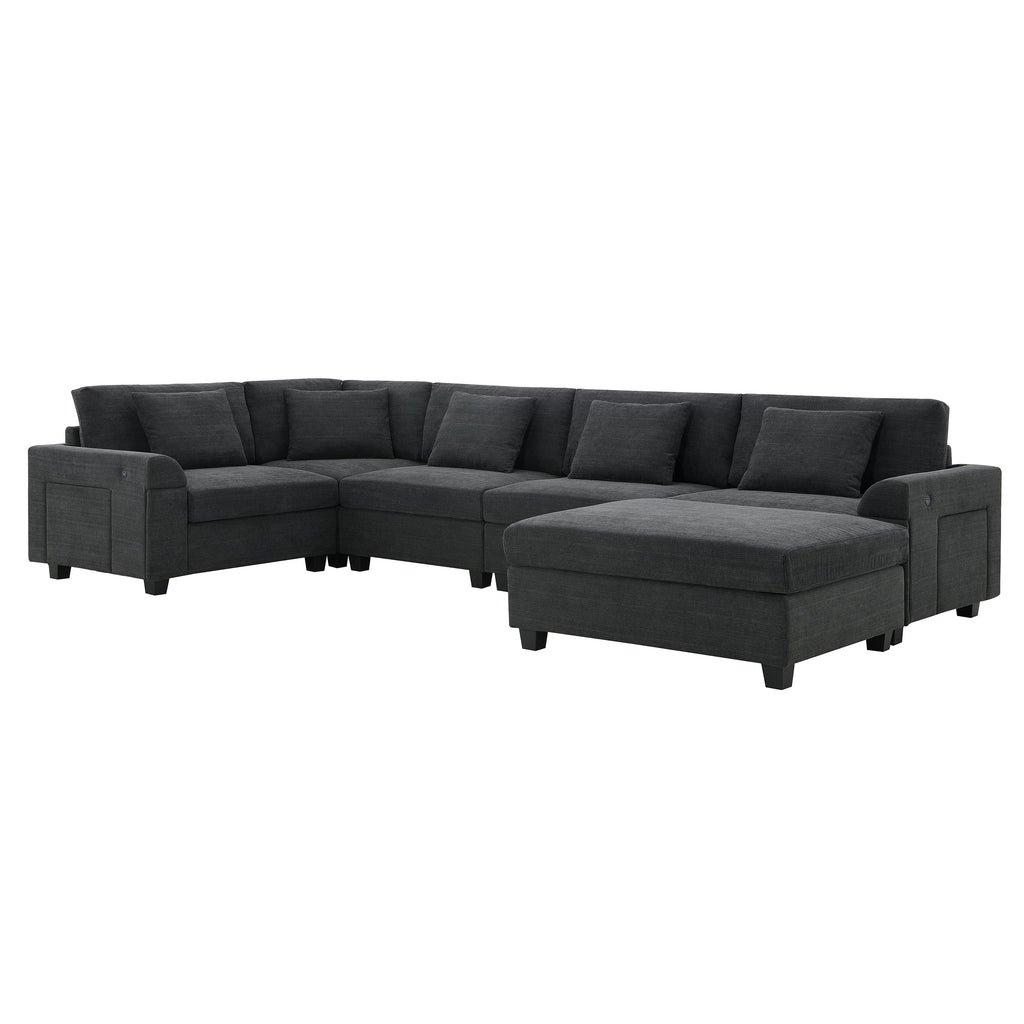 Chenille U Shaped Sectional Sofa with Ottoman and Storage, USB Ports, 2 Colors