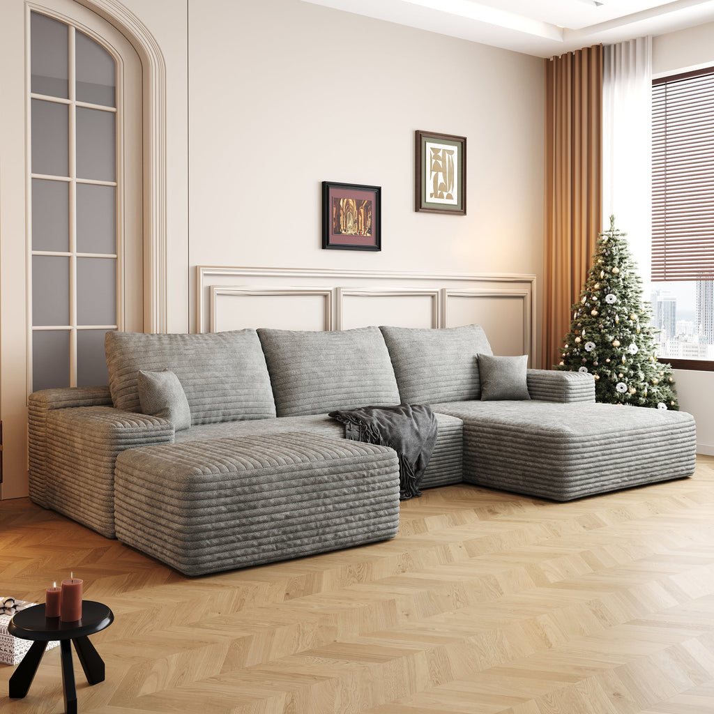 107' Cloud Sectional Sofa with 1 Ottoman,Modern Minimalist Upholstered Couches, Comfort U Shaped Sofa for Living Room,Deep Seat Corner Couch,No Assembly Required,Grey(Plush Corduroy Fabric)