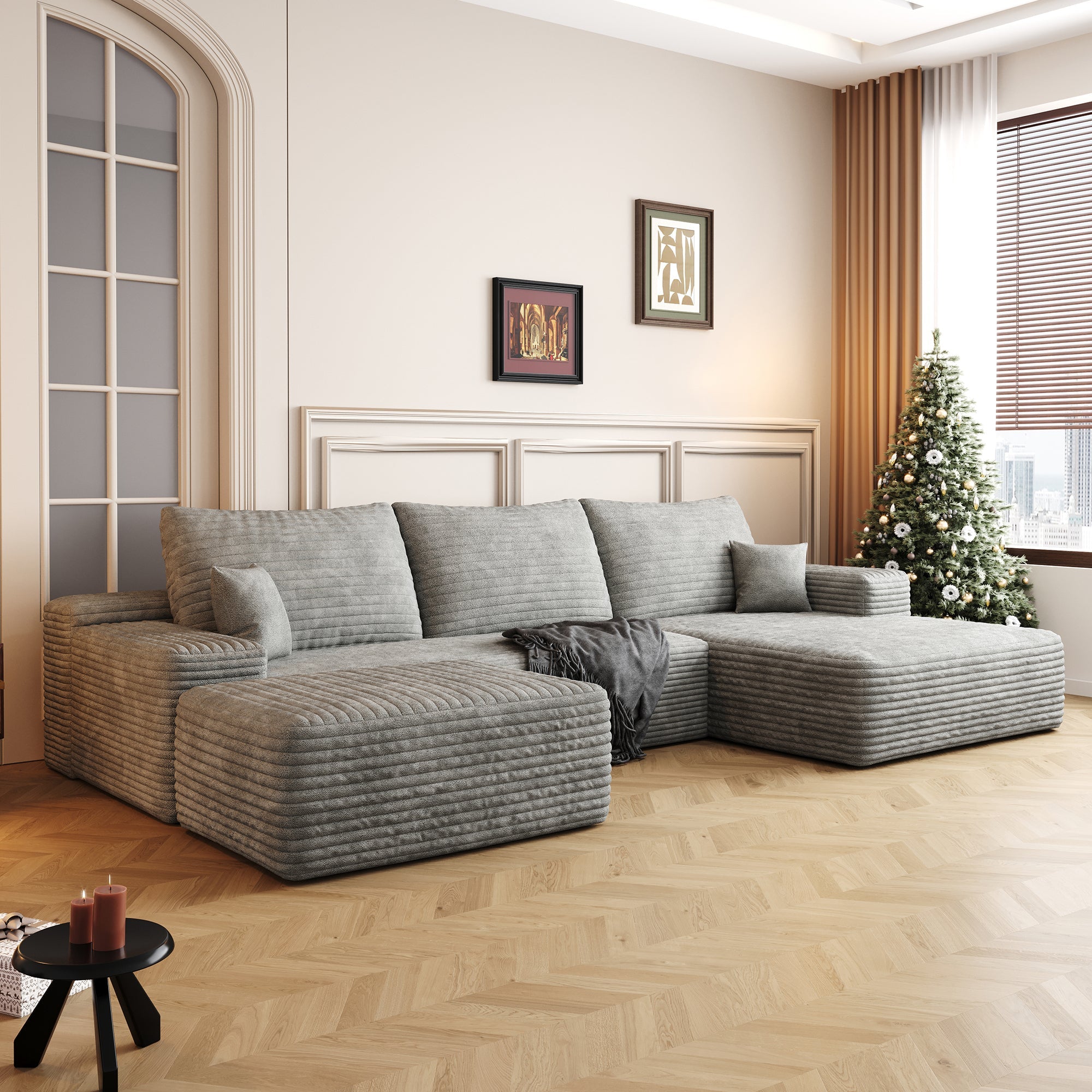 107' Cloud Sectional Sofa with 1 Ottoman,Modern Minimalist Upholstered Couches, Comfort U Shaped Sofa for Living Room,Deep Seat Corner Couch,No Assembly Required,Grey(Plush Corduroy Fabric)