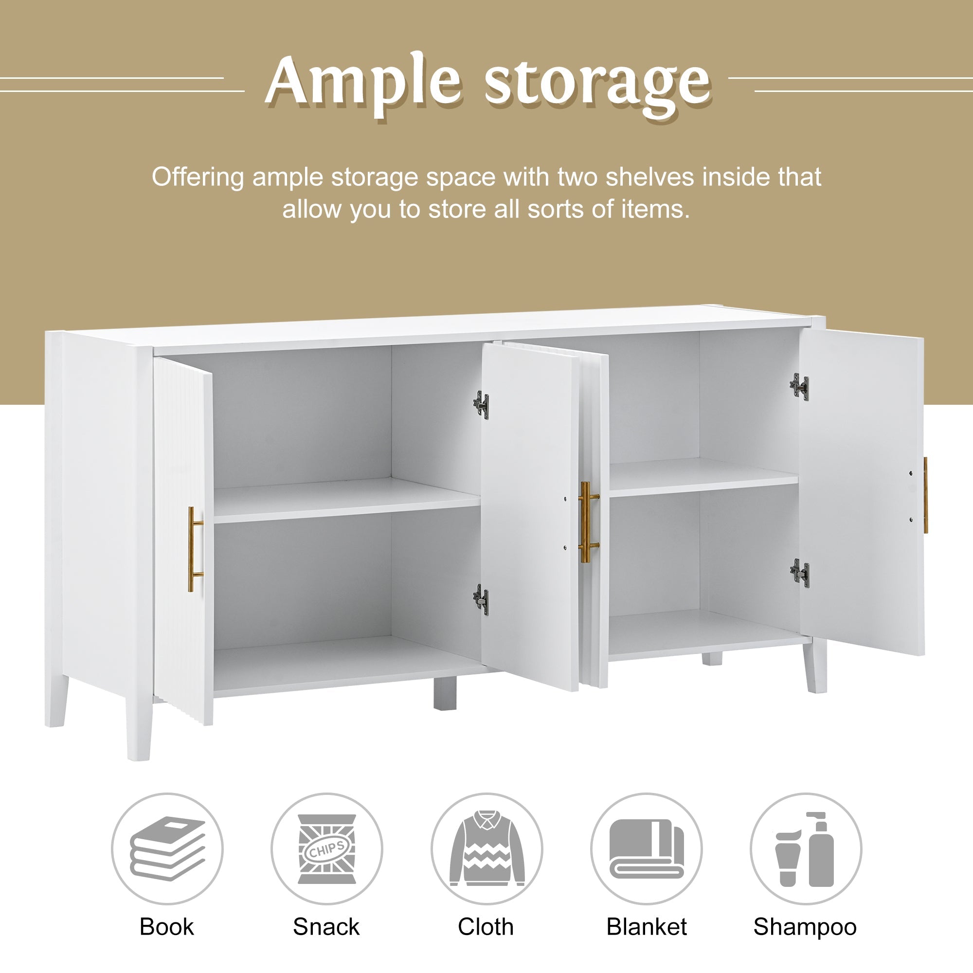 U_Style 63.1''Modern 4-Vertical Wavy Slatted Doors Sideboard,Storage Cabinet With Elegant Design, Solid Wood Legs with Painted,Metal Handles,for Dining Room,Living Room, Kitchen, or Entryway(White)