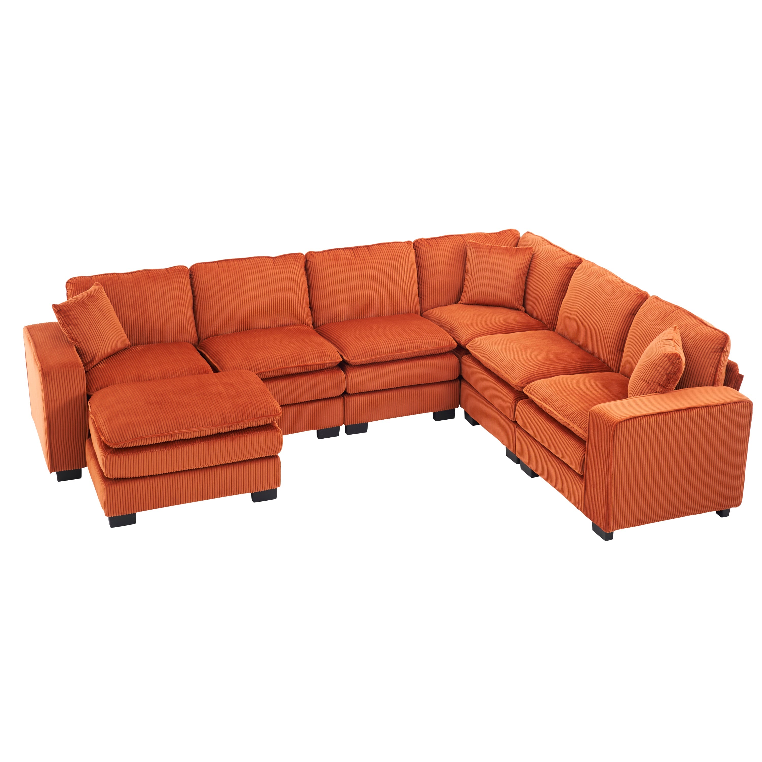 Modern U Shaped 6-seat Sectional Sofa Couch with one Ottoman and three toss pillows ,Modular Sofa for Living Room,Corduroy sofa