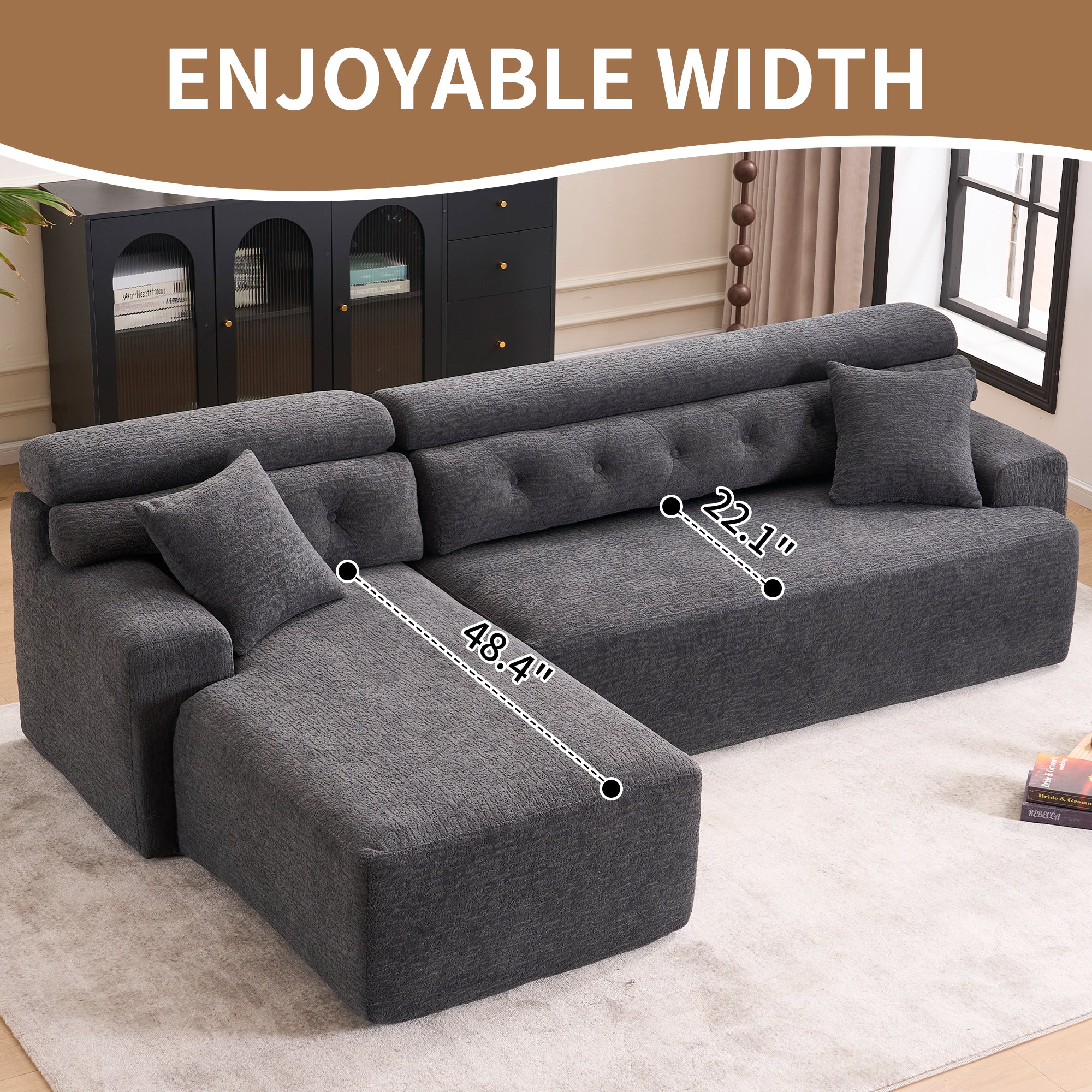 105'' Cloud Sectional Couch with L-Shape Chaise,Modern Modular Sofa with Deep Seat, Boneless Sofa for Living Room Bedroom,No Assembly Required,Grey.