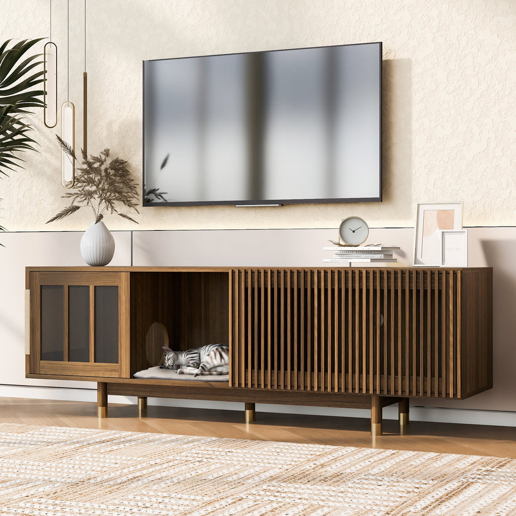 Mid-Century Modern style 2 IN 1 Cat Furniture Walnut TV STAND with Cat Scratcher, Cat house With Sliding Flip-down glass door