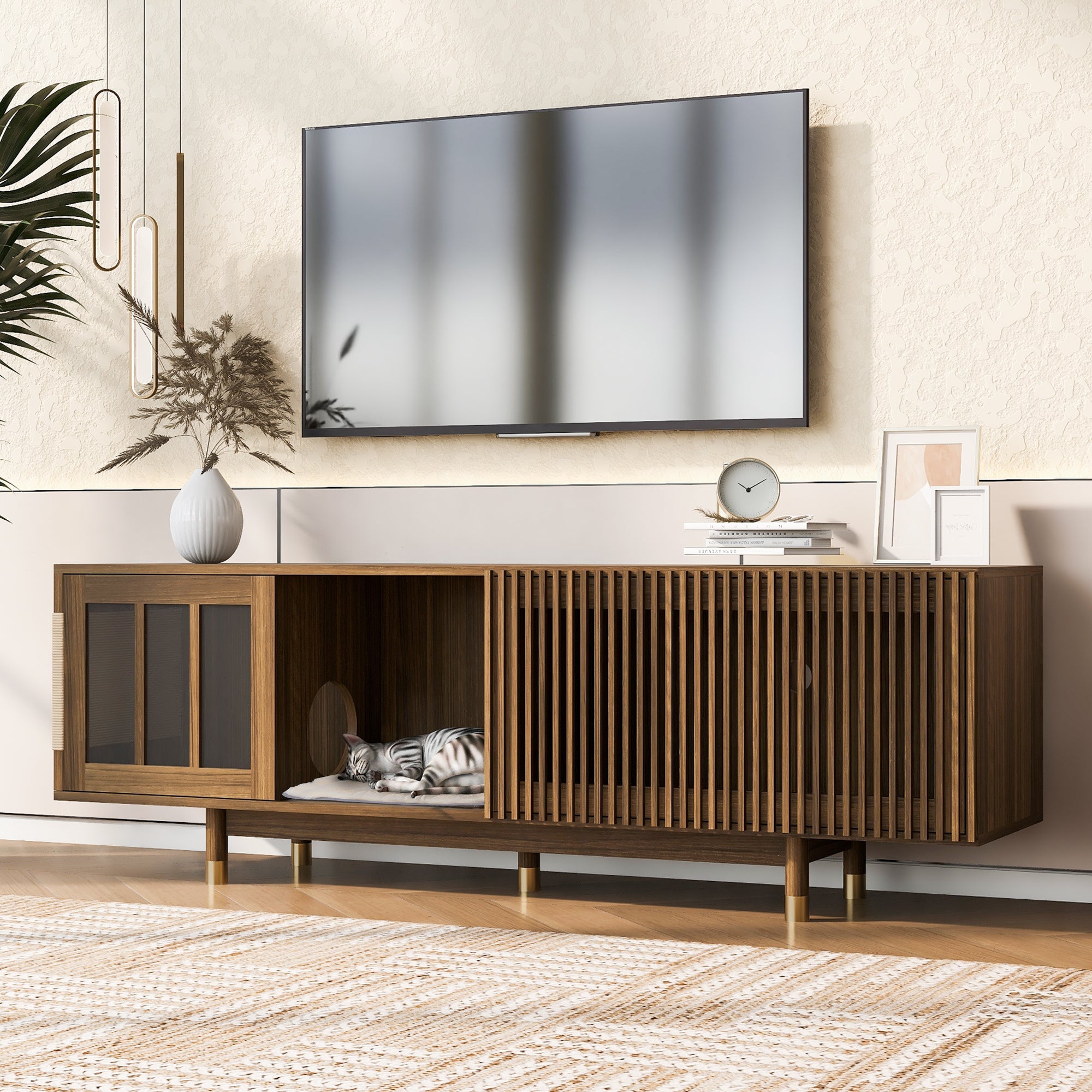 Mid-Century Modern style 2 IN 1 Cat Furniture Walnut TV STAND with Cat Scratcher, Cat house With Sliding Flip-down glass door