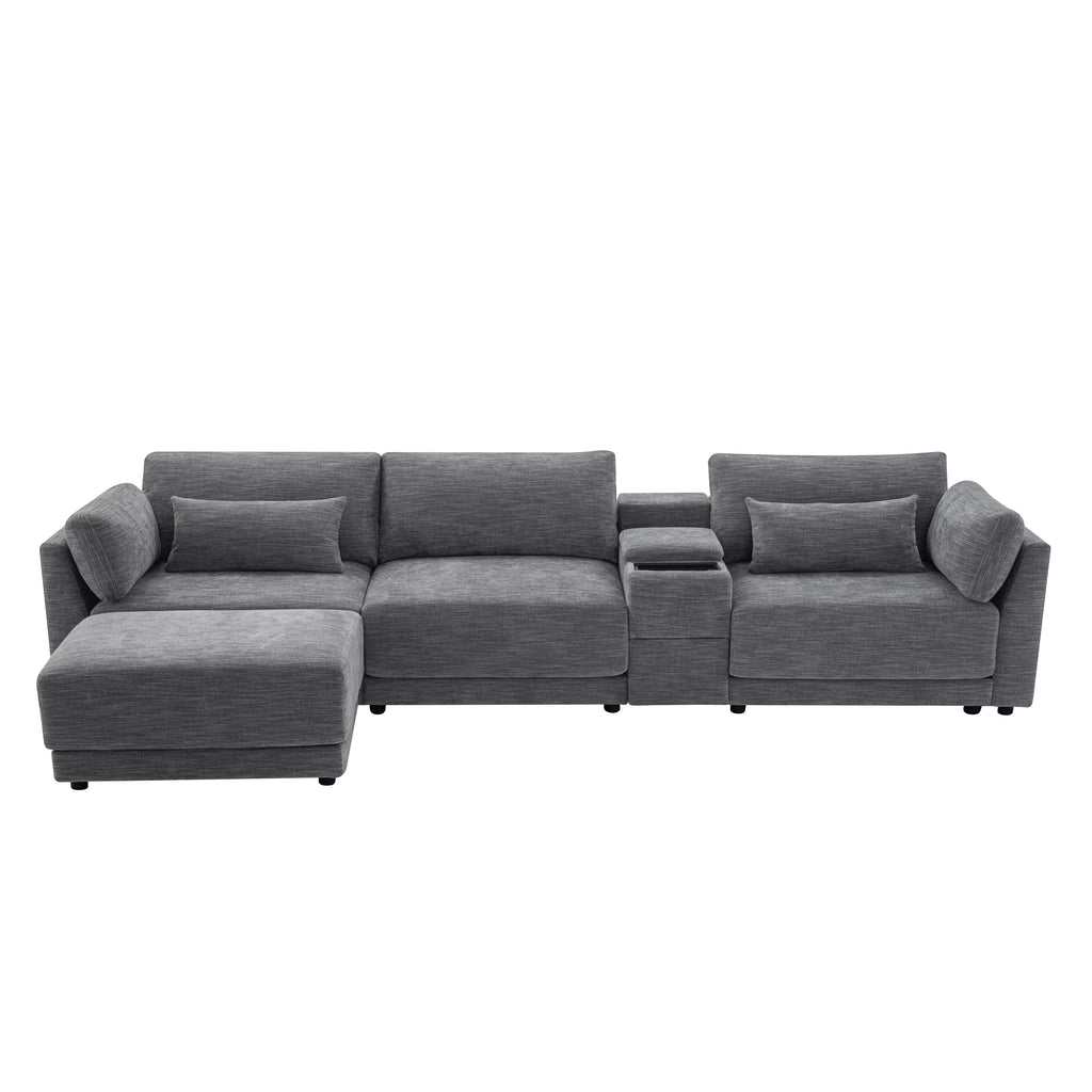 [VIDEO+NEW]124'' Modular Sectional Sofa with Storage Console and Movable Ottoman,33'' Wide Seat,4 Seat L Shaped Chenille Couch,Reversible Comfy Sofa with USB Charger for Living Room,Apartment,2 Colors