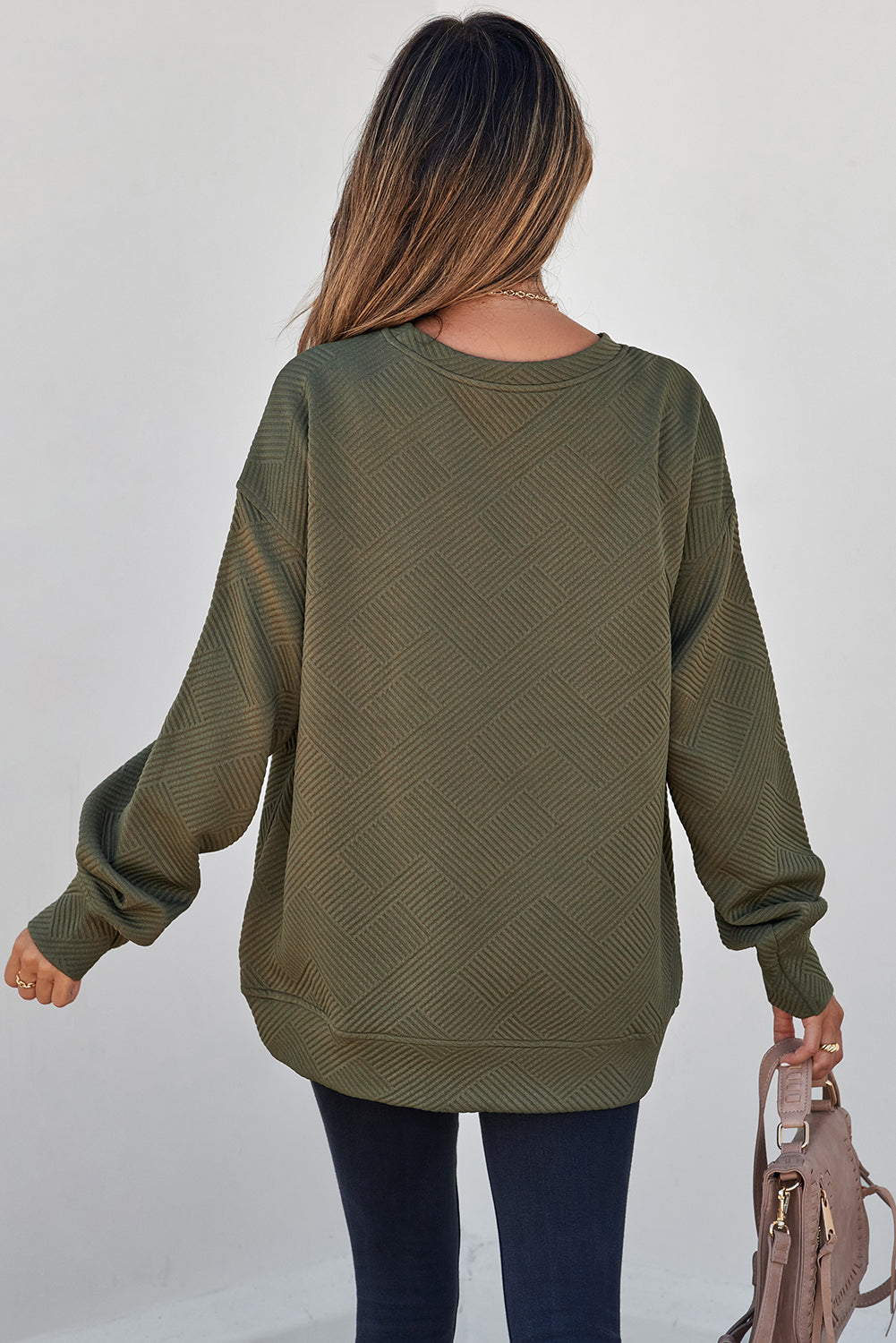 Solid Textured Round Neck Drop Shoulder Sweatshirt