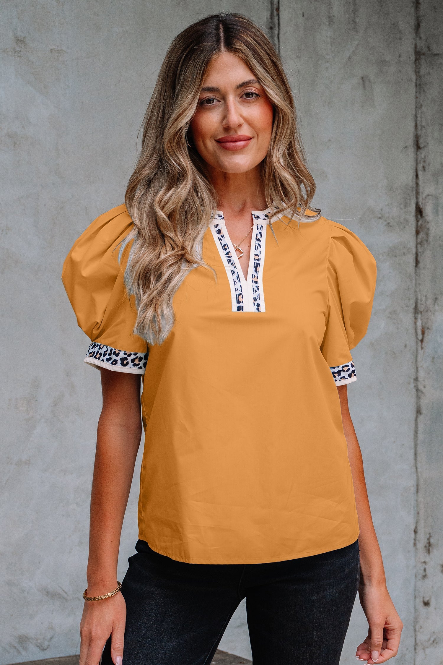 Leopard Contrast Trim Split Neck Puff Sleeve Blouse